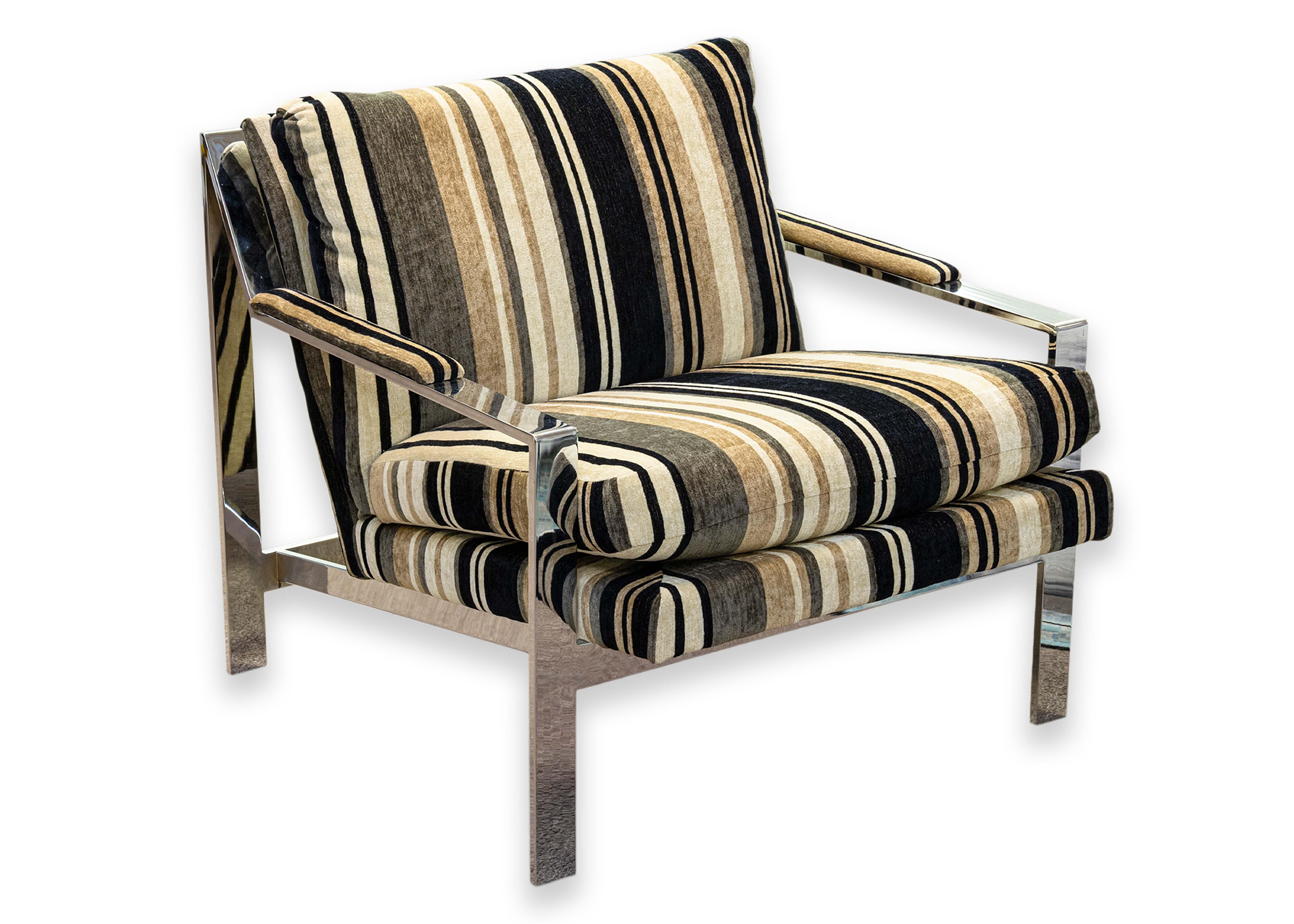 Chenille Milo Baughman for Thayer Coggin Flat Bar Chrome Lounge Armchair w Striped Fabric