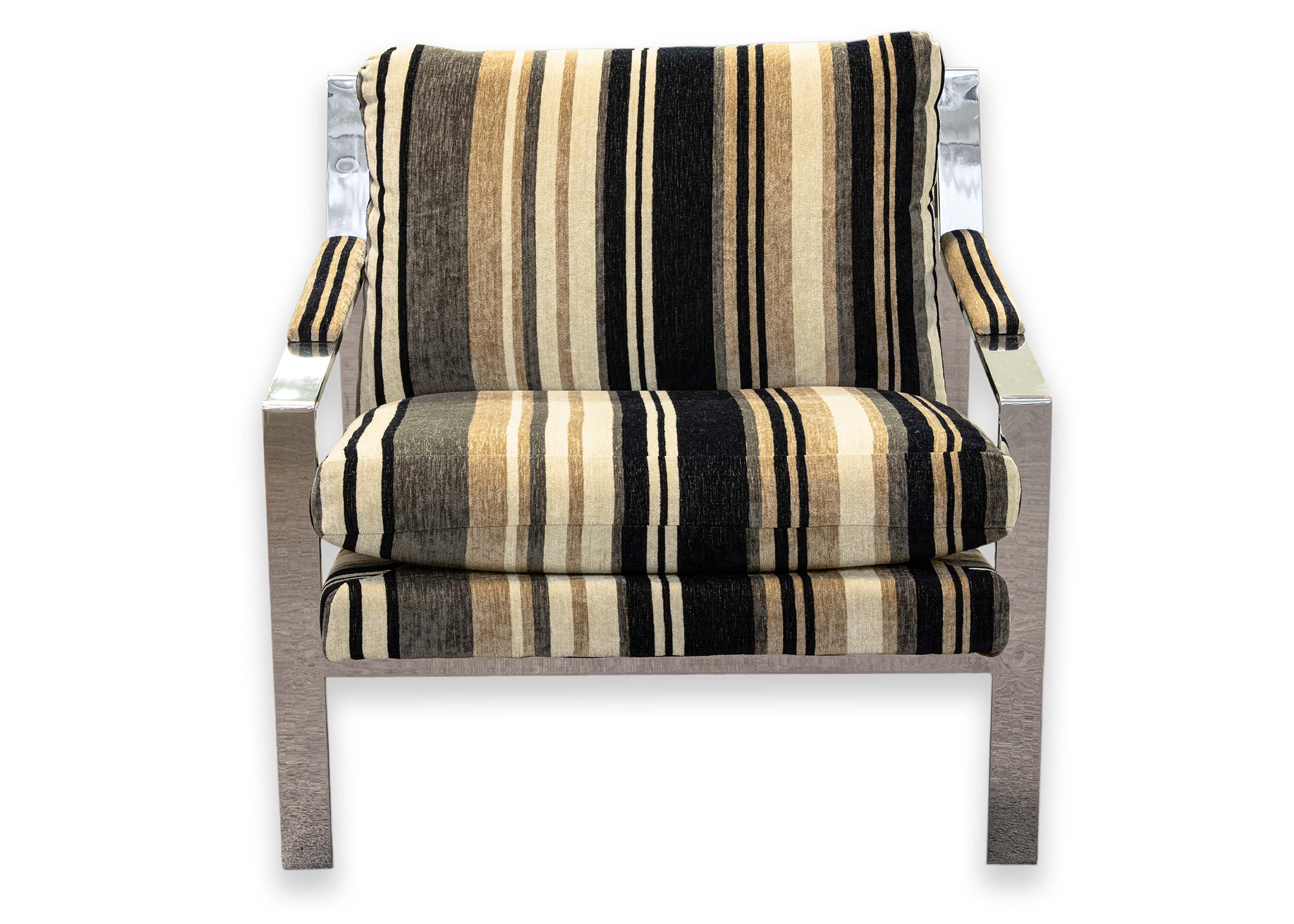Milo Baughman for Thayer Coggin Flat Bar Chrome Lounge Armchair w Striped Fabric 1