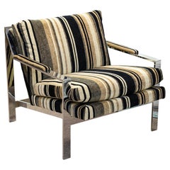 Milo Baughman for Thayer Coggin Flat Bar Chrome Lounge Armchair w Striped Fabric