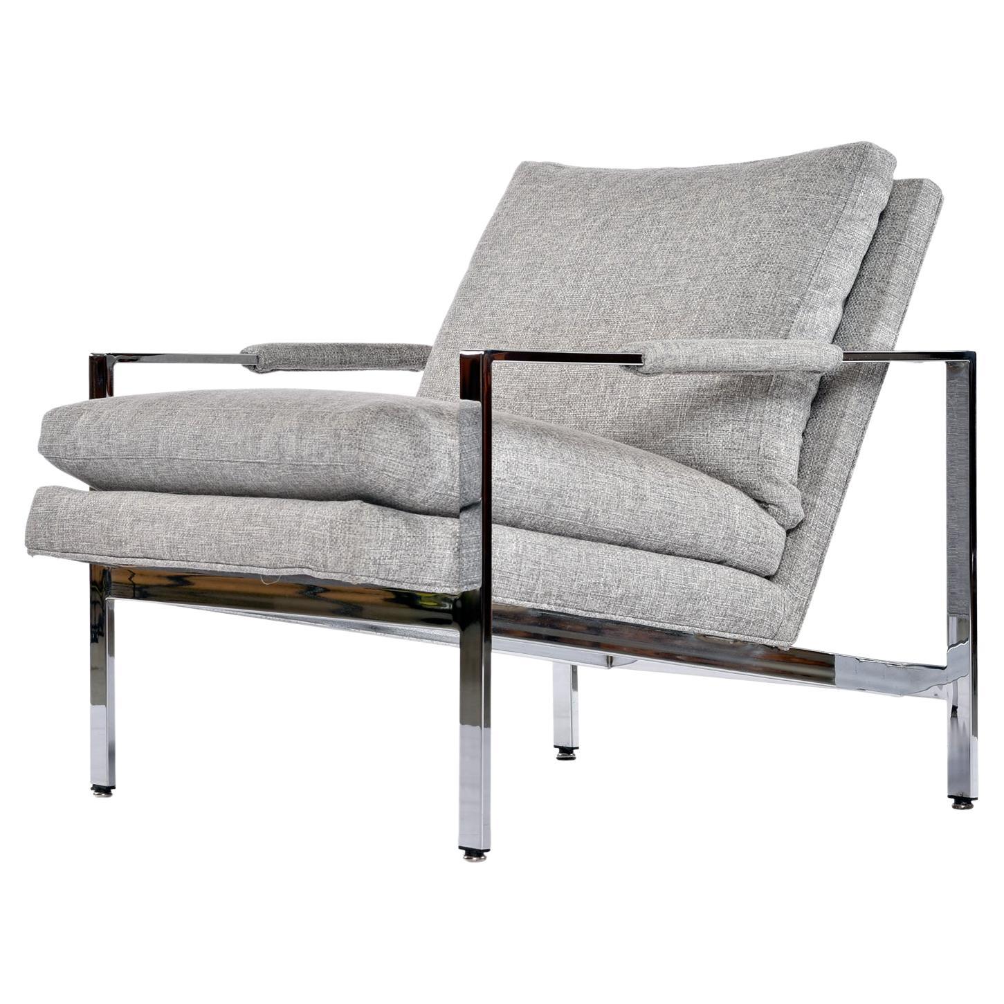 Restored, vintage flat bar chrome lounge chairs set designed by Milo Baughman for Thayer Coggin. These lounge chairs have recently been updated with period appropriate grey tweed wool fabric. The texture and tone plays beautifully against the chrome