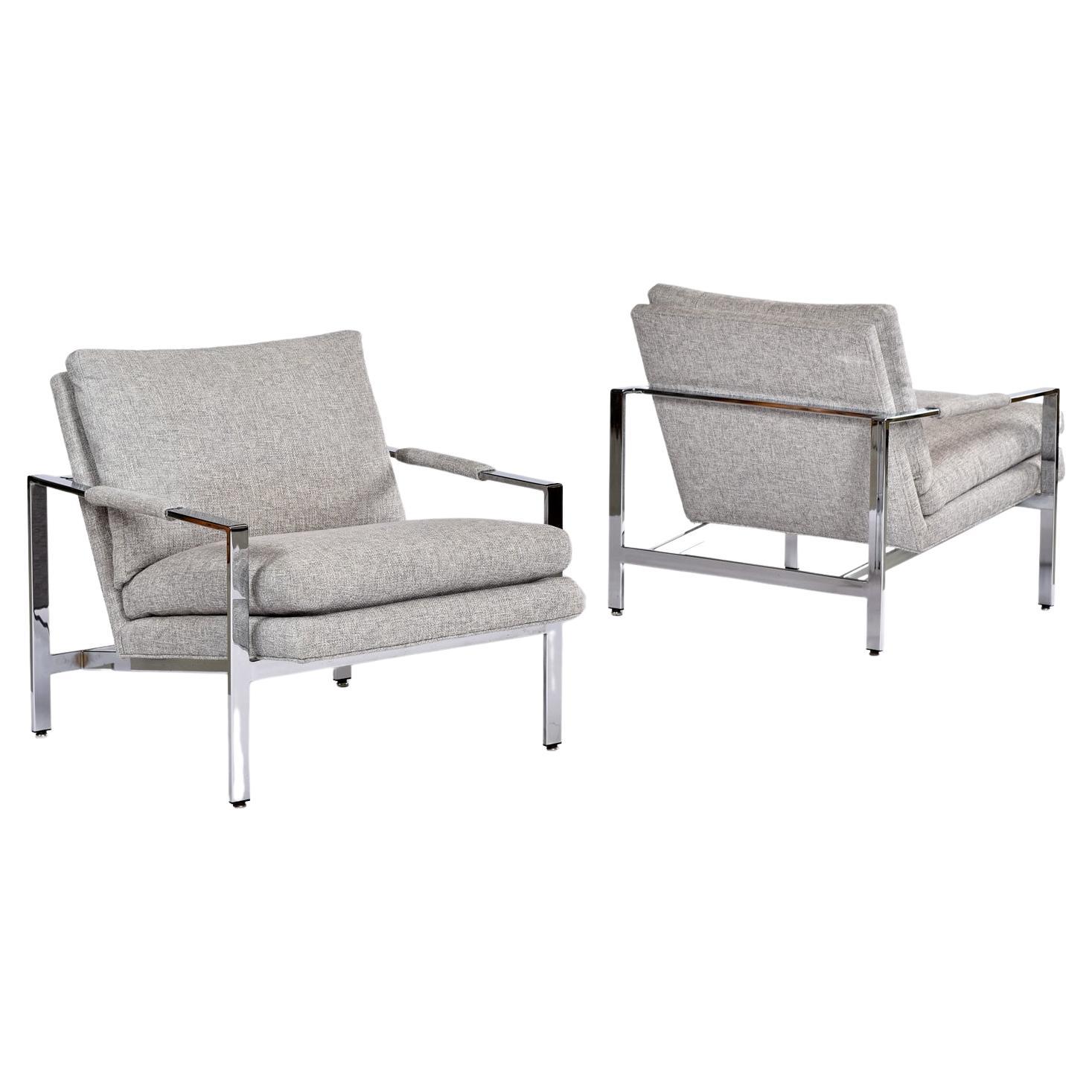 Mid-Century Modern Milo Baughman For Thayer Coggin 951 Flat Bar Chrome Lounge Chairs in Grey Tweed For Sale
