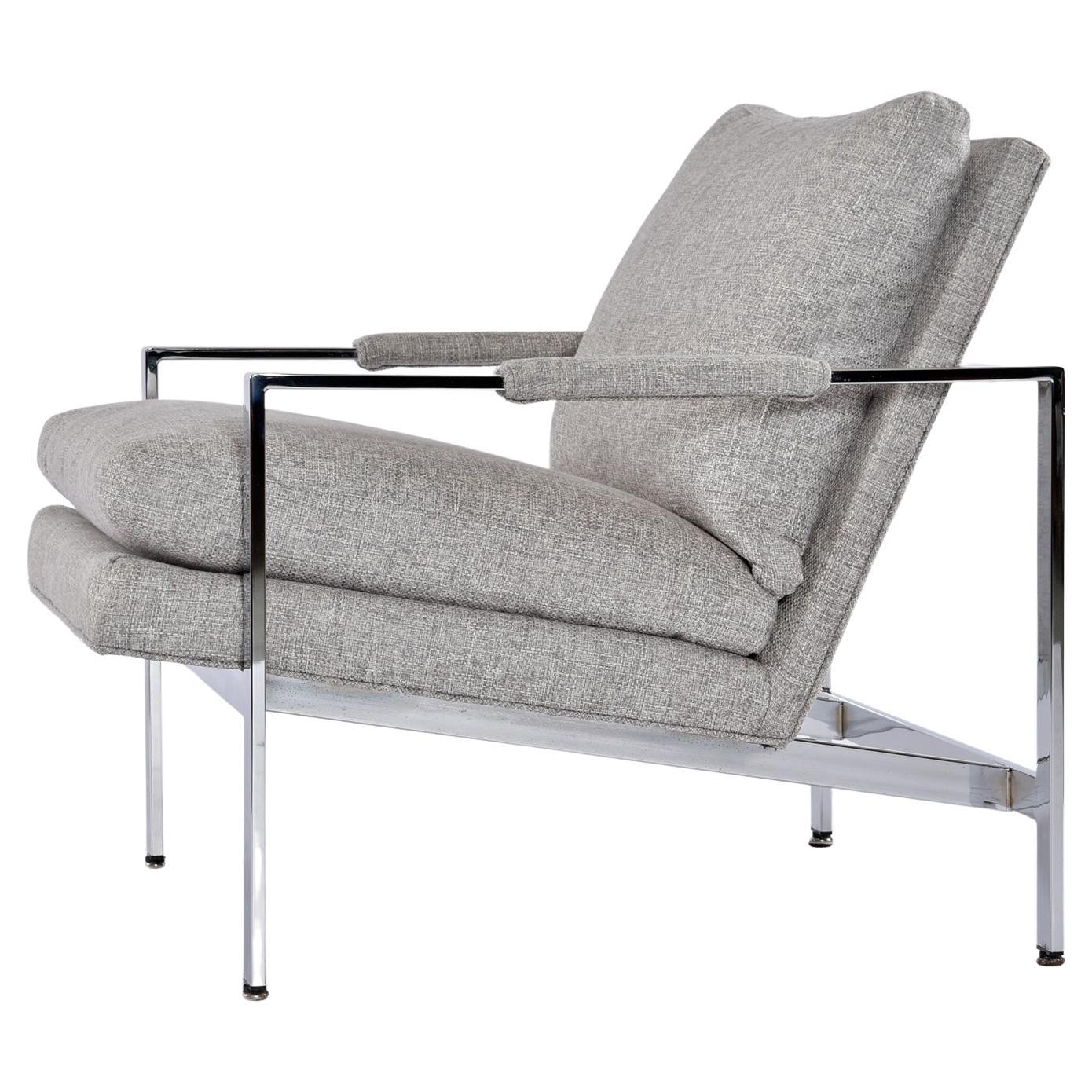 American Milo Baughman For Thayer Coggin 951 Flat Bar Chrome Lounge Chairs in Grey Tweed For Sale