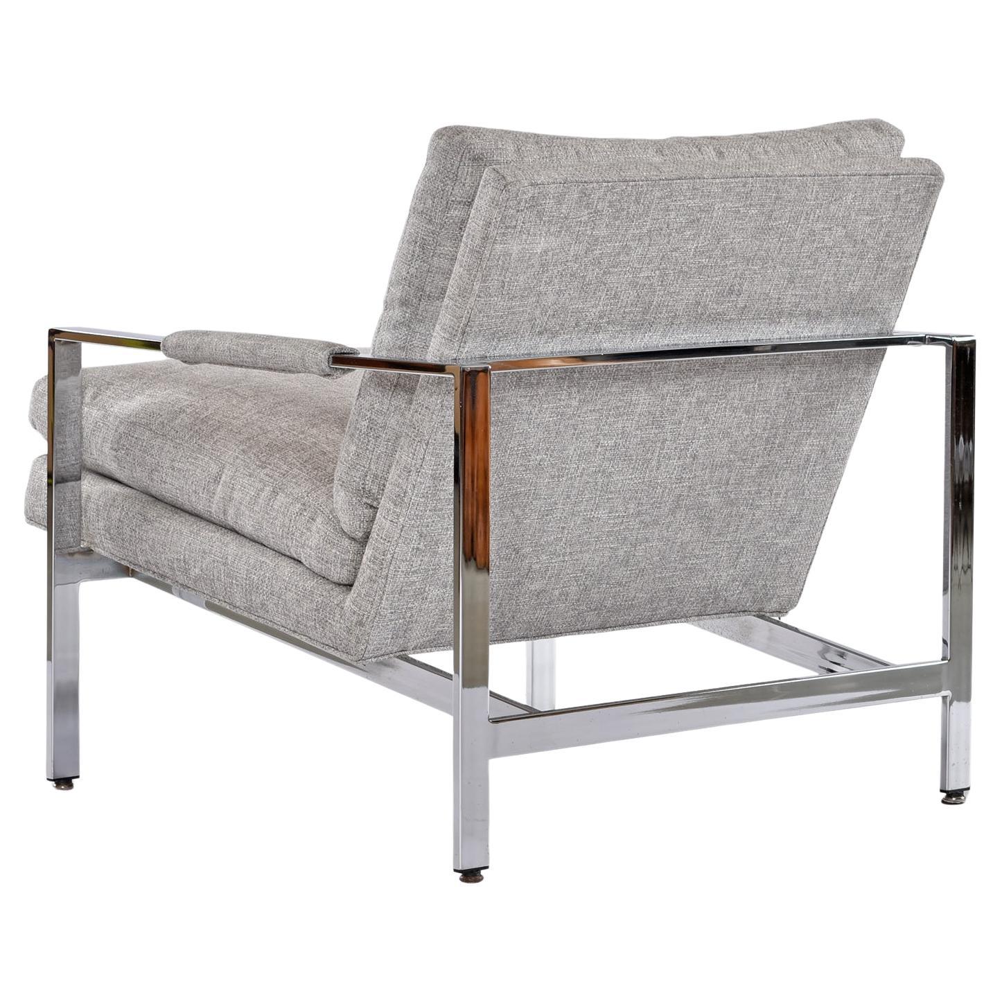 Late 20th Century Milo Baughman For Thayer Coggin 951 Flat Bar Chrome Lounge Chairs in Grey Tweed For Sale