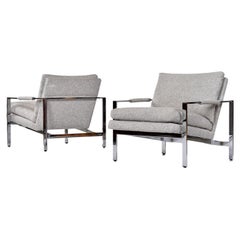 Milo Baughman For Thayer Coggin 951 Flat Bar Chrome Lounge Chairs in Grey Tweed