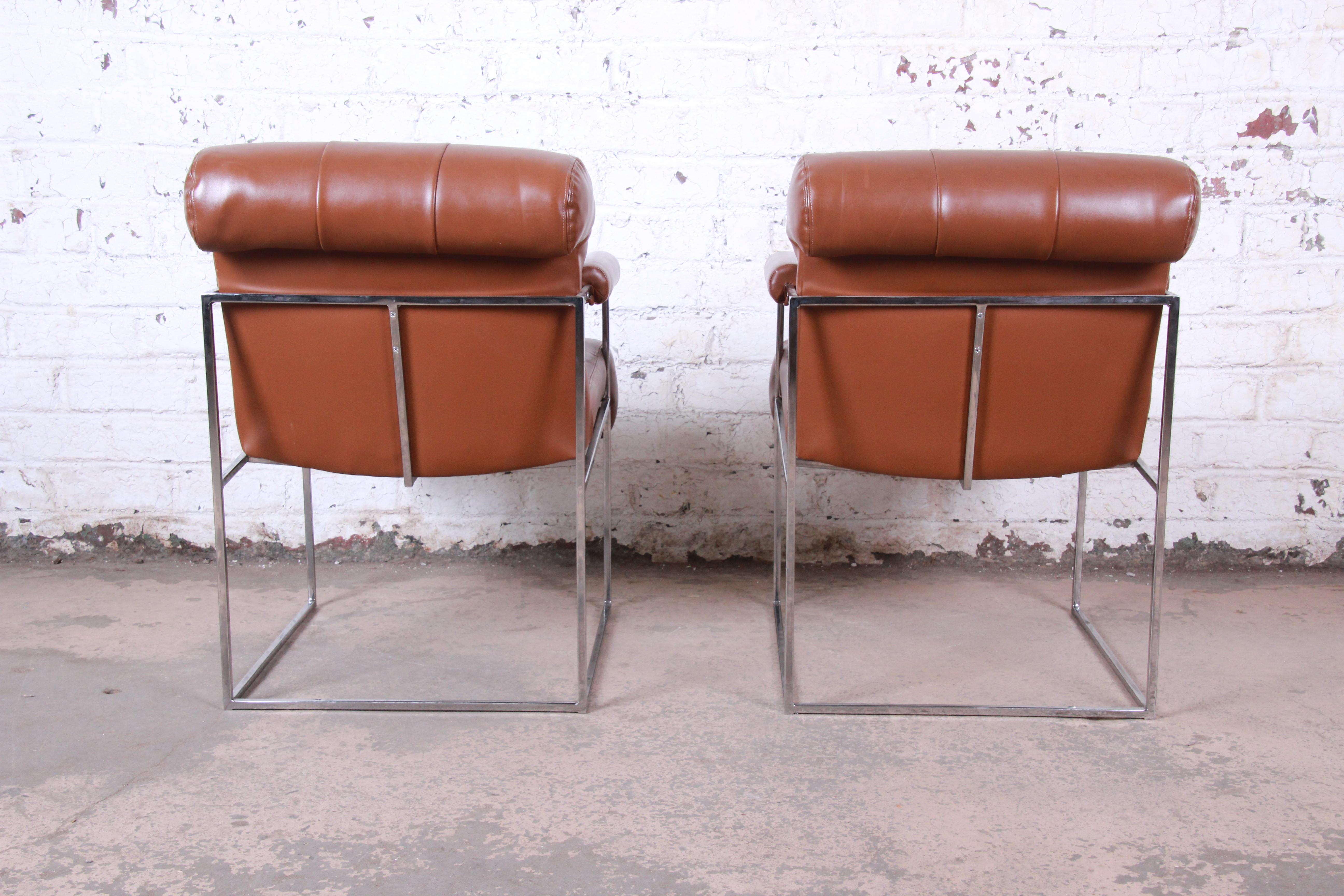 Milo Baughman for Thayer Coggin Leather and Chrome Lounge Chairs, Pair 4