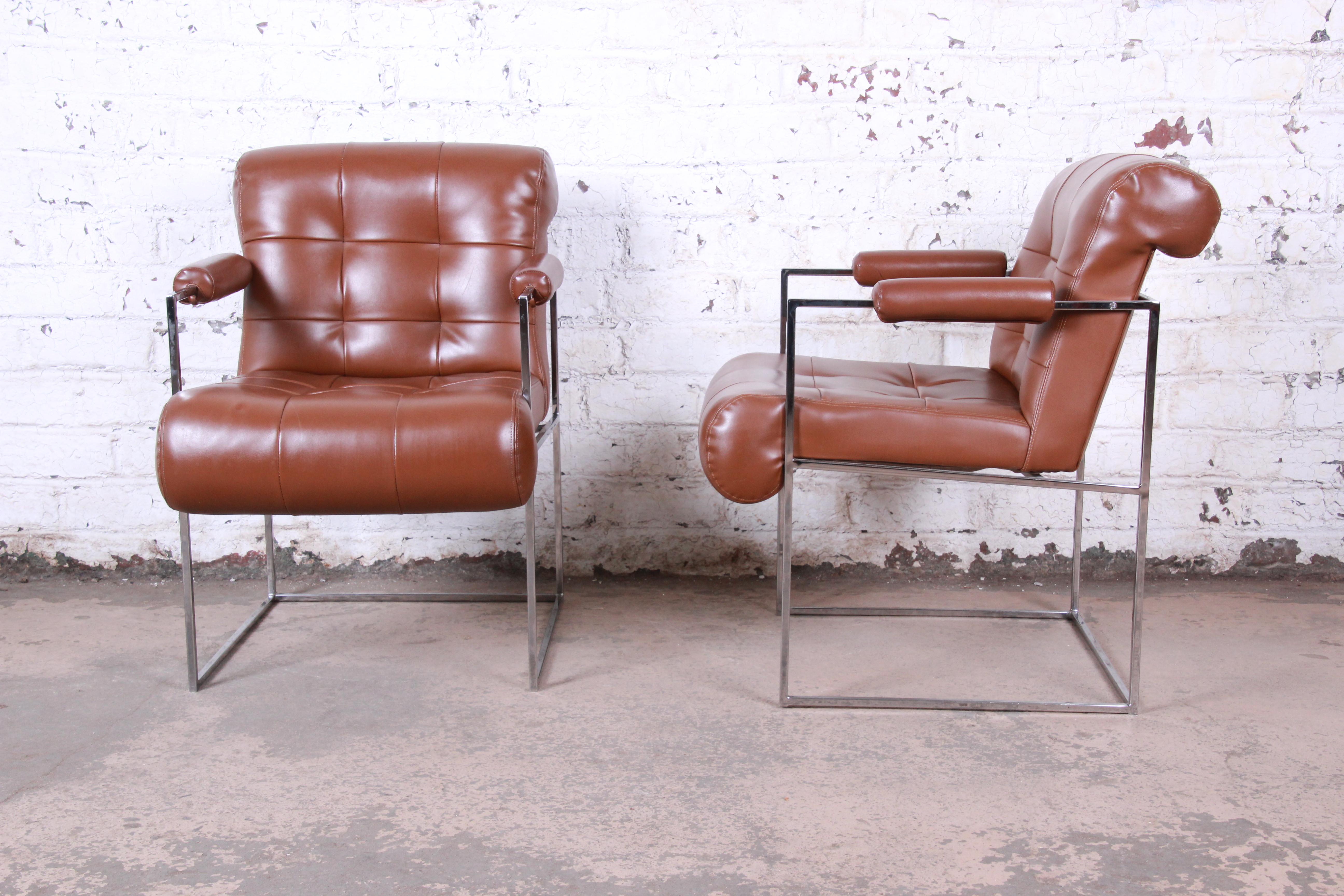 Mid-Century Modern Milo Baughman for Thayer Coggin Leather and Chrome Lounge Chairs, Pair