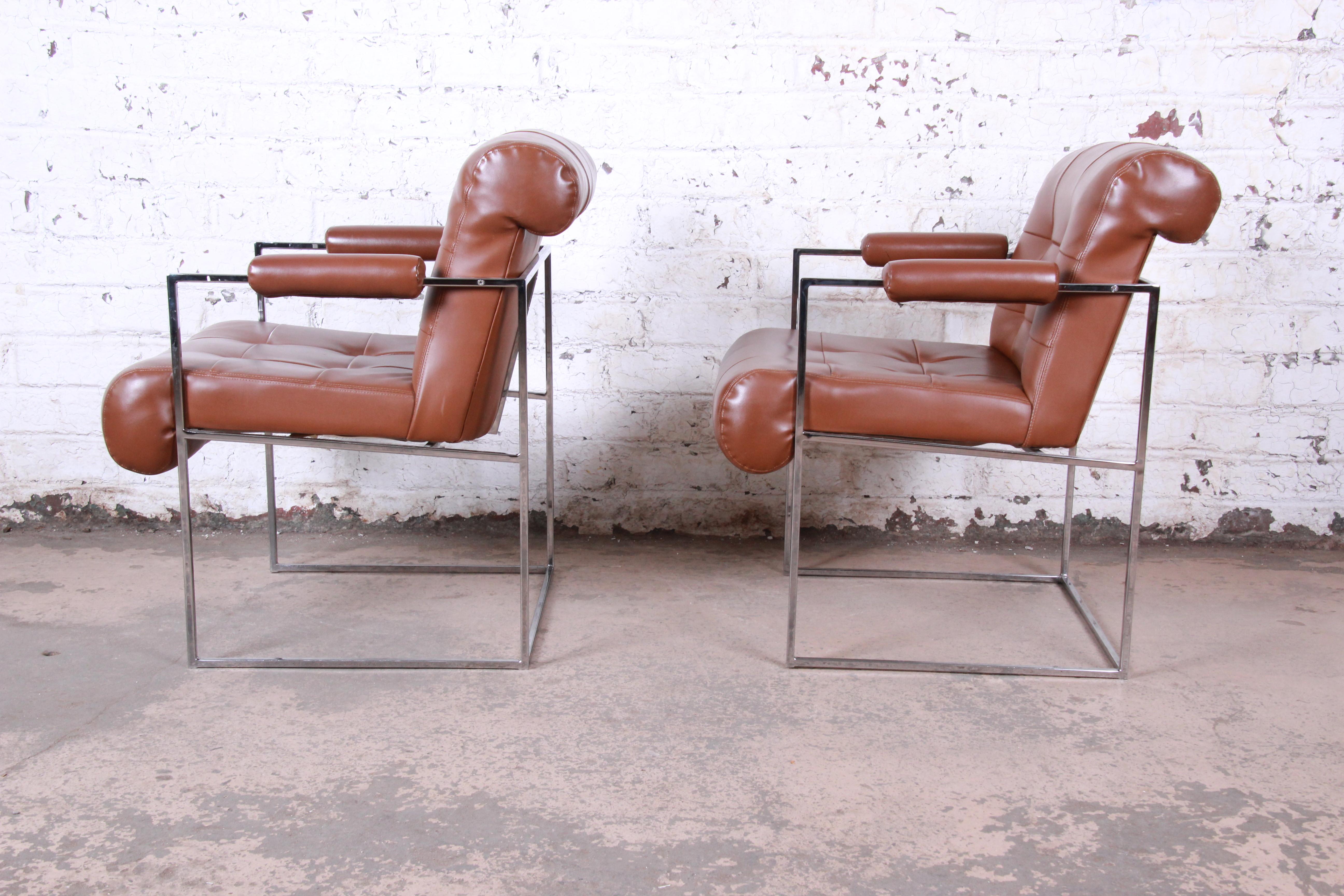 American Milo Baughman for Thayer Coggin Leather and Chrome Lounge Chairs, Pair