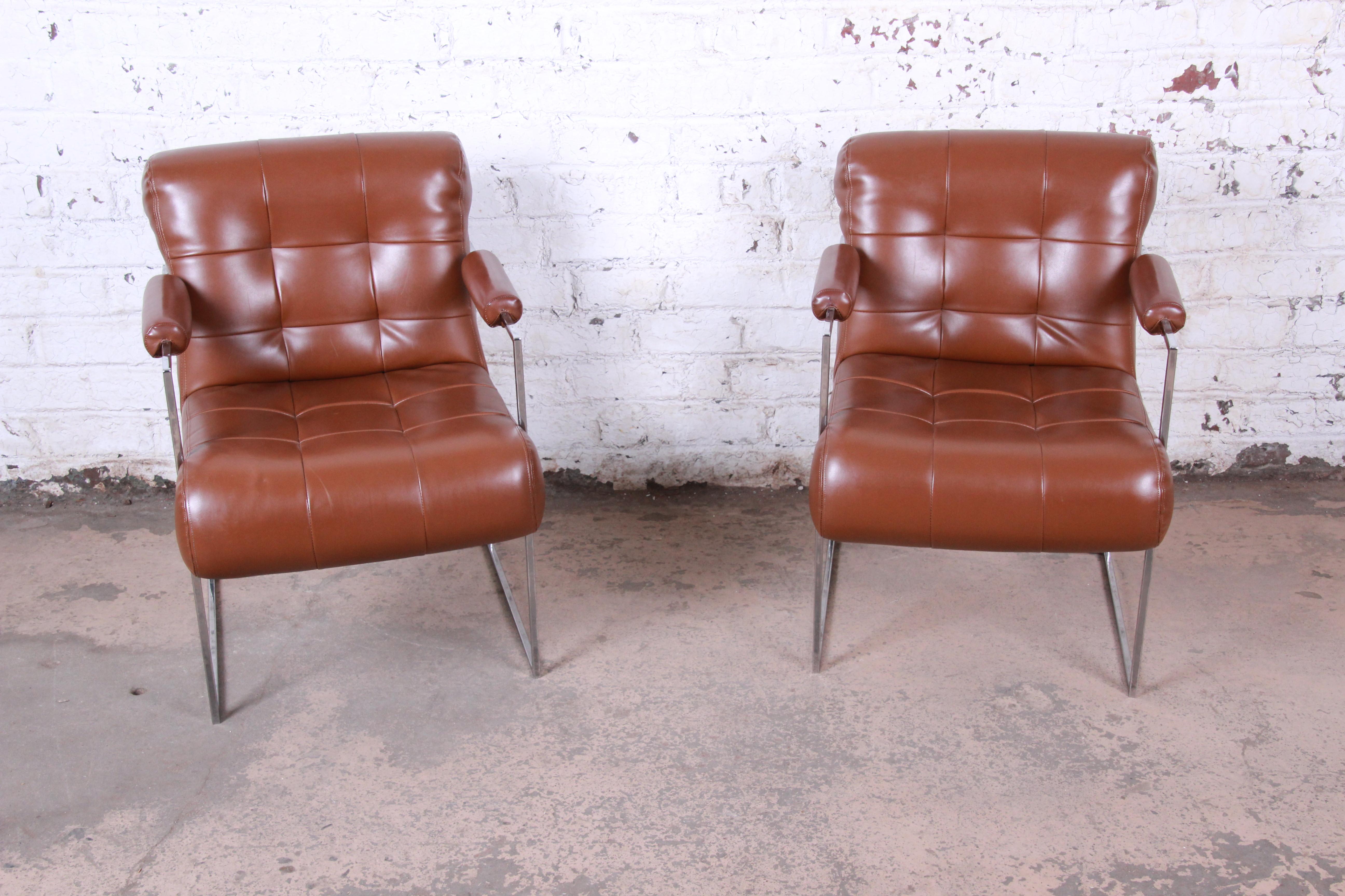 Milo Baughman for Thayer Coggin Leather and Chrome Lounge Chairs, Pair In Good Condition In South Bend, IN