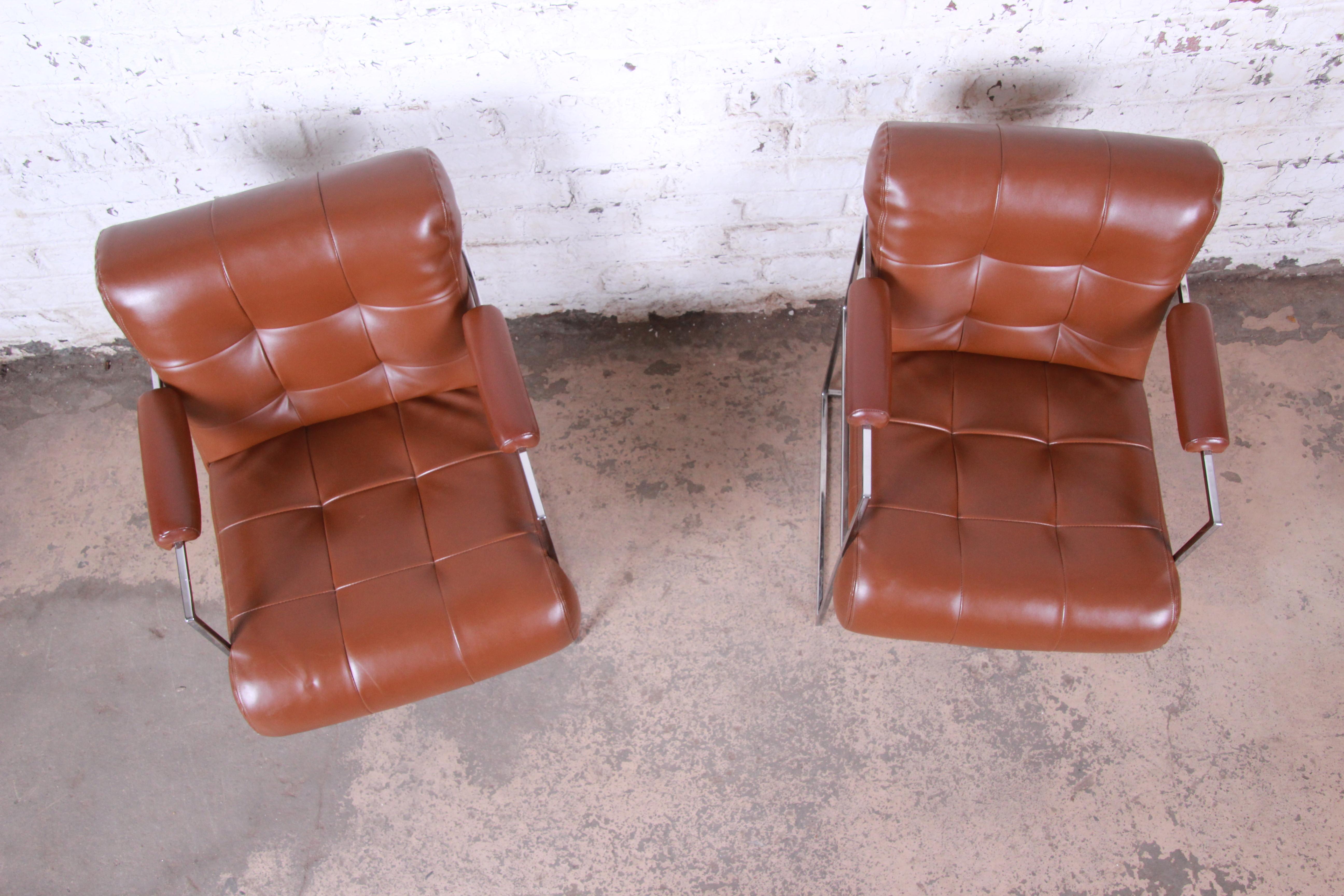 Milo Baughman for Thayer Coggin Leather and Chrome Lounge Chairs, Pair 1