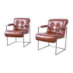 Milo Baughman for Thayer Coggin Leather and Chrome Lounge Chairs, Pair