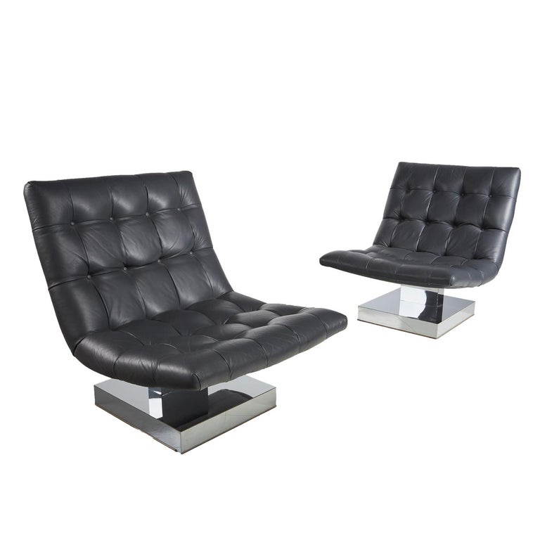 Milo Baughman For Thayer Coggin Leather Scoop Chrome Pedestal Base Lounge Chairs