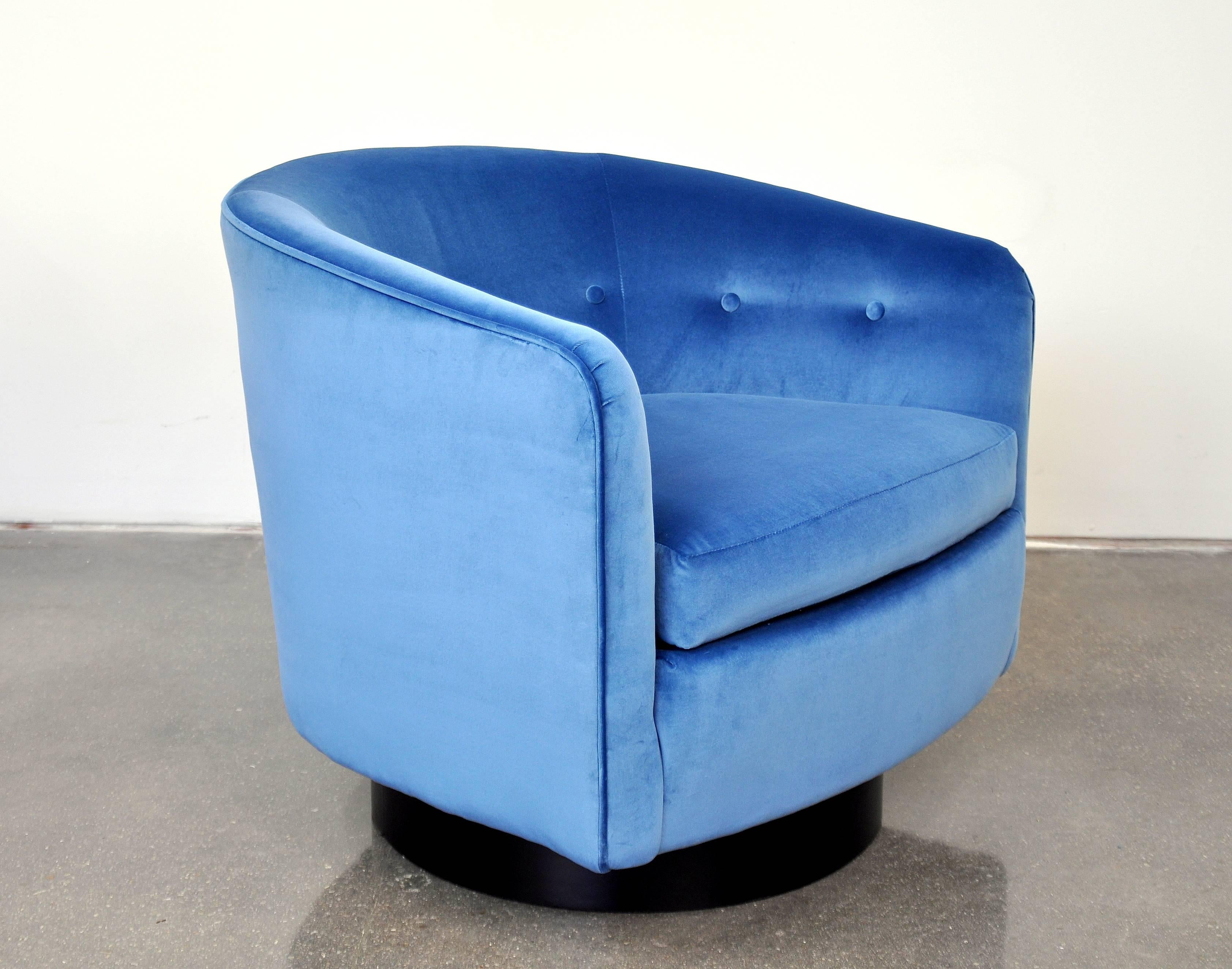 Wood Milo Baughman for Thayer Coggin Light Blue Velvet Swivel Lounge Chair