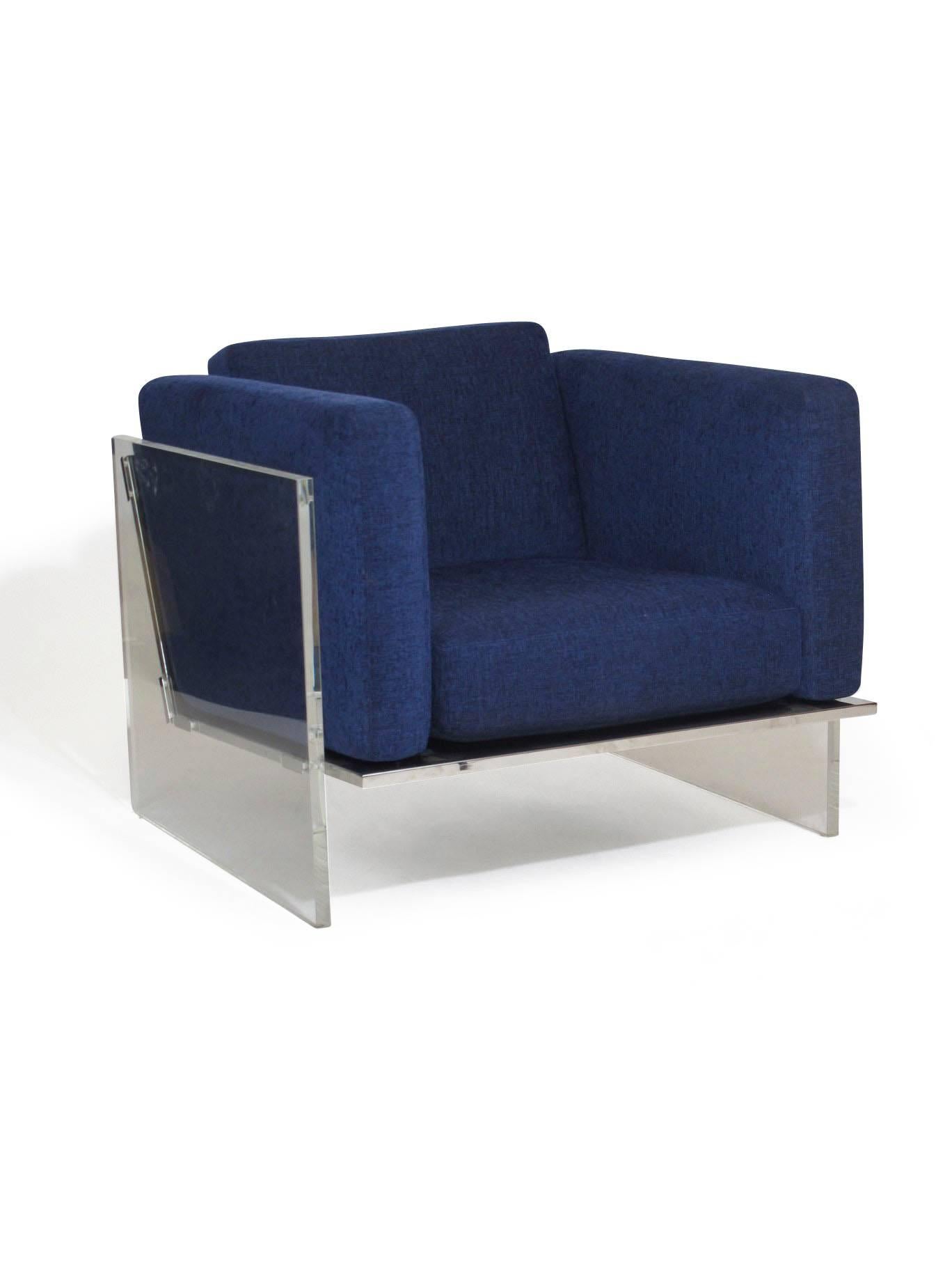 Mid-Century Modern Milo Baughman for Thayer Coggin Lucite Chrome Lounge Chair in Navy