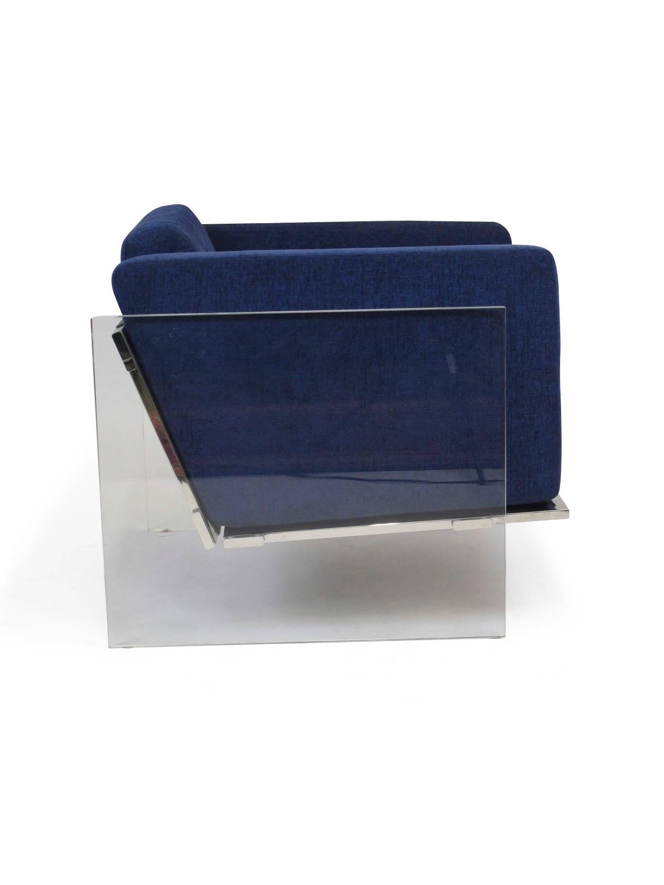 American Milo Baughman for Thayer Coggin Lucite Chrome Lounge Chair in Navy