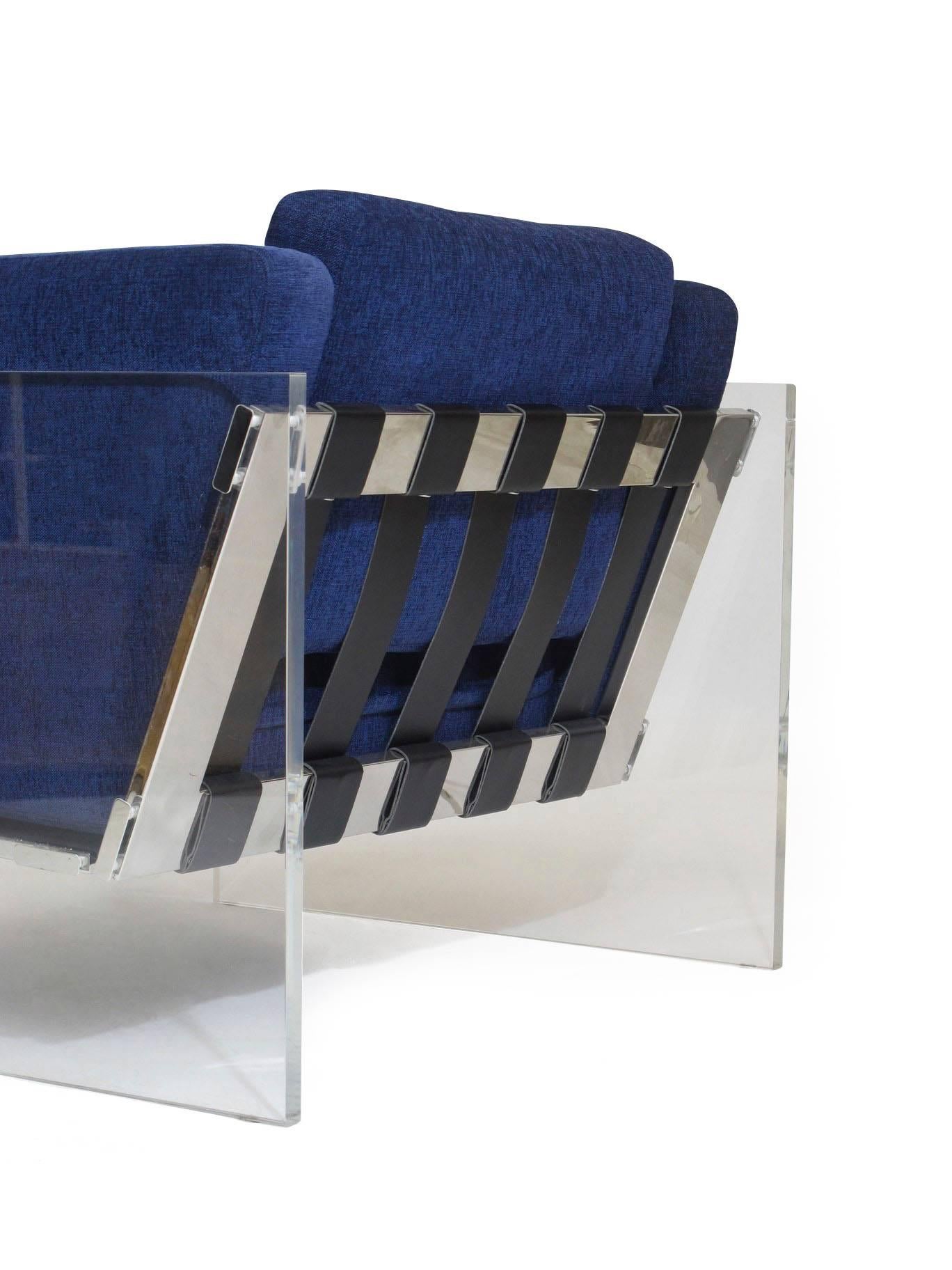 20th Century Milo Baughman for Thayer Coggin Lucite Chrome Lounge Chair in Navy
