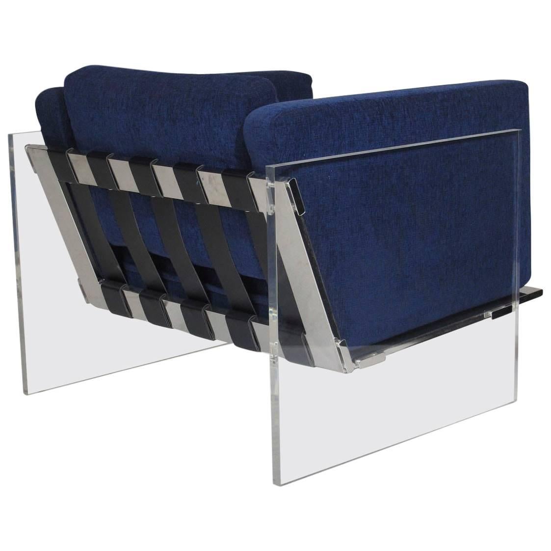 Milo Baughman for Thayer Coggin Lucite Chrome Lounge Chair in Navy