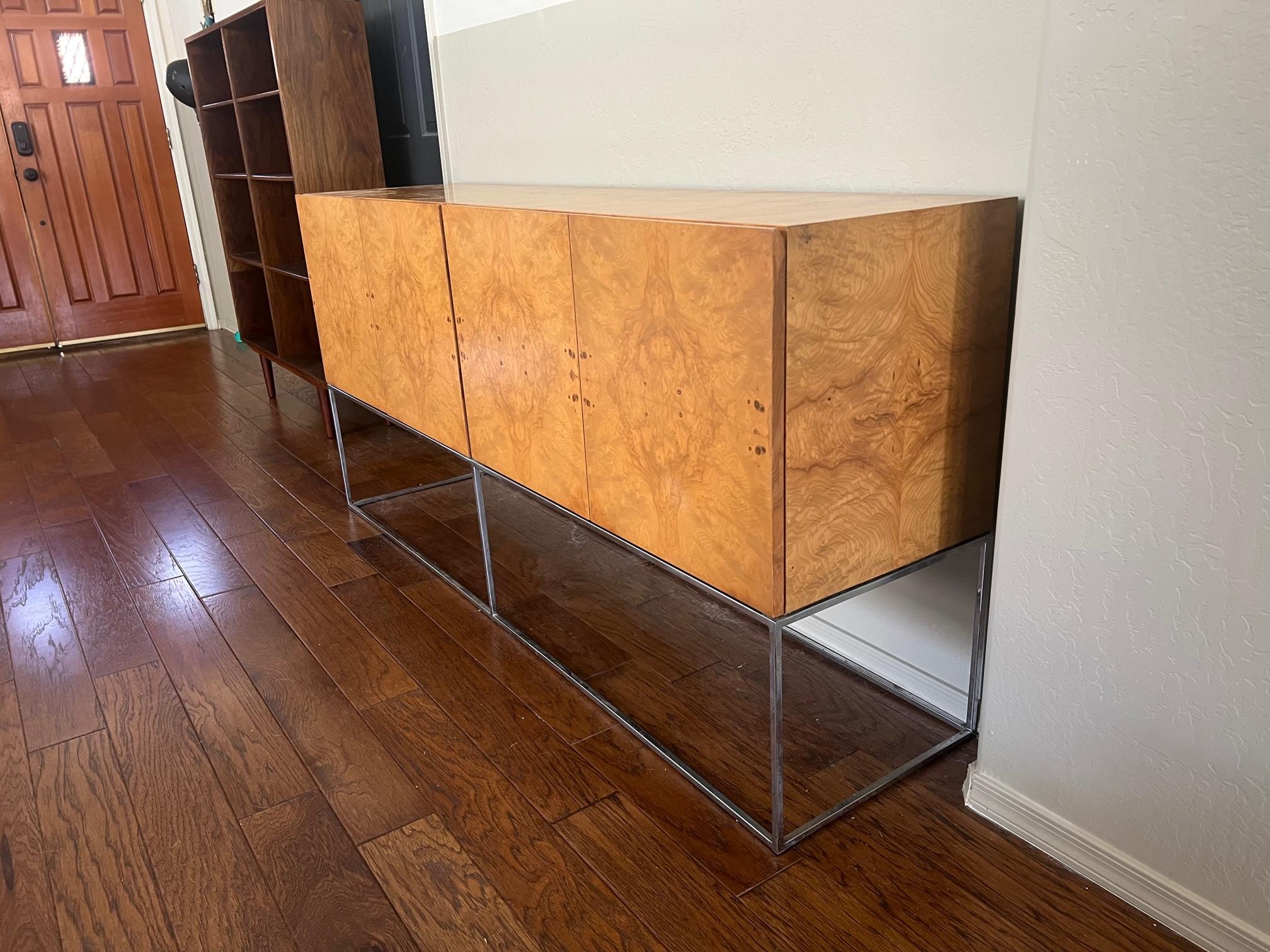 Milo Baughman for Thayer Coggin Matchbook Burl Wood and Chrome Credenza In Good Condition In Boise, ID