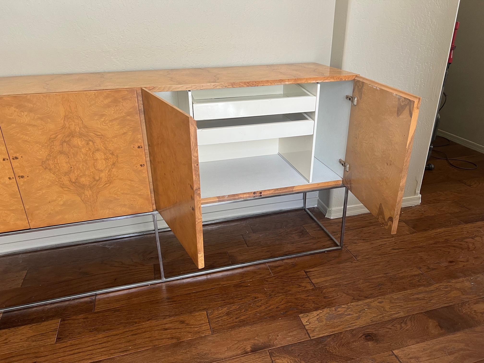 Late 20th Century Milo Baughman for Thayer Coggin Matchbook Burl Wood and Chrome Credenza