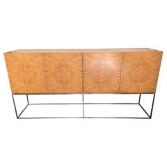 Milo Baughman for Thayer Coggin Matchbook Burl Wood and Chrome Credenza