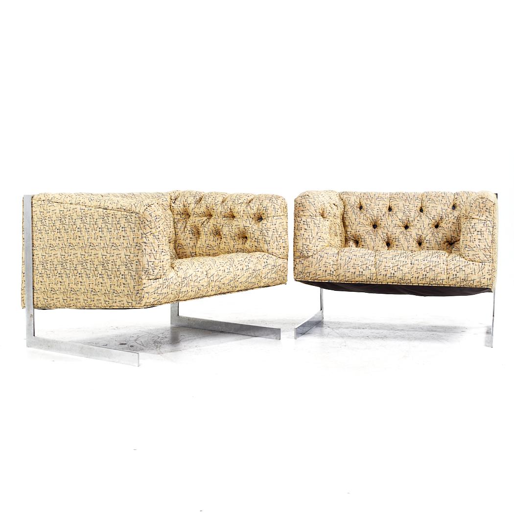 Milo Baughman for Thayer Coggin Mid Century Cantilever Steel Tufted Lounge Chairs - Pair

Each lounge chair measures: 34 wide x 31 deep x 25.75 high, with a seat height of 16 and arm height/chair clearance 25.75 inches

All pieces of furniture can