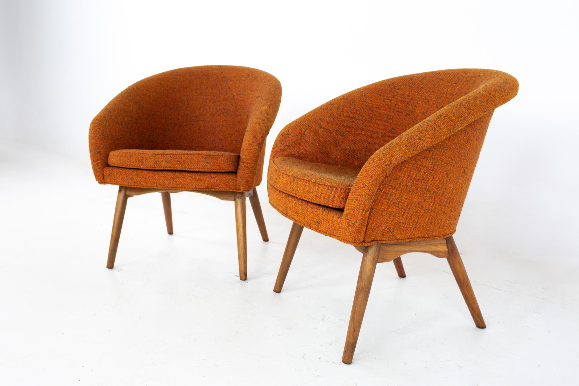 Milo Baughman for Thayer Coggin mid century orange upholstered lounge chairs - a pair
Each chair measures: 28 wide x 28 deep x 30 high, with a seat height of 17 inches and an arm height 26 inches

All pieces of furniture can be had in what we