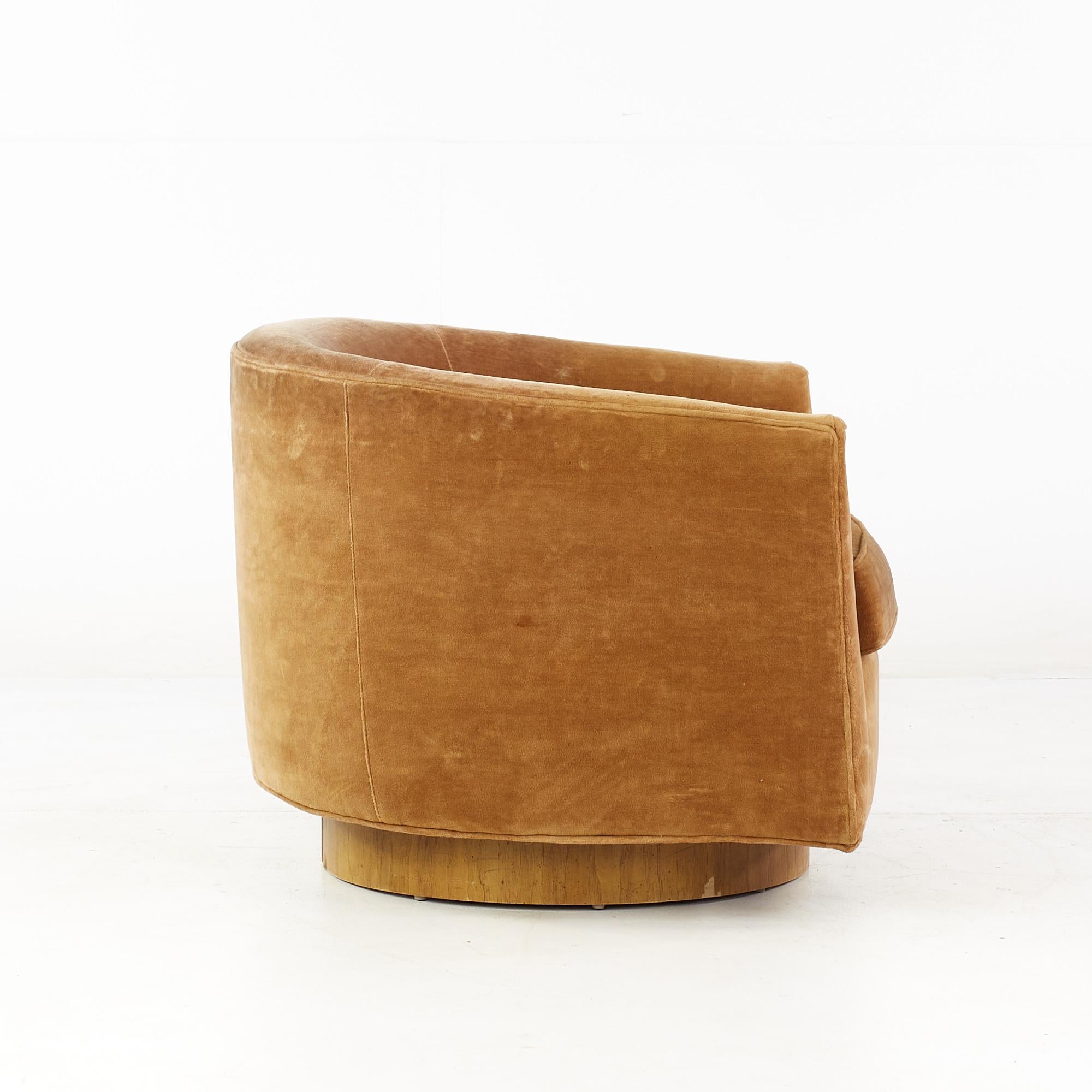 Upholstery Milo Baughman for Thayer Coggin Walnut Tilt Swivel Barrel Lounge Chair For Sale