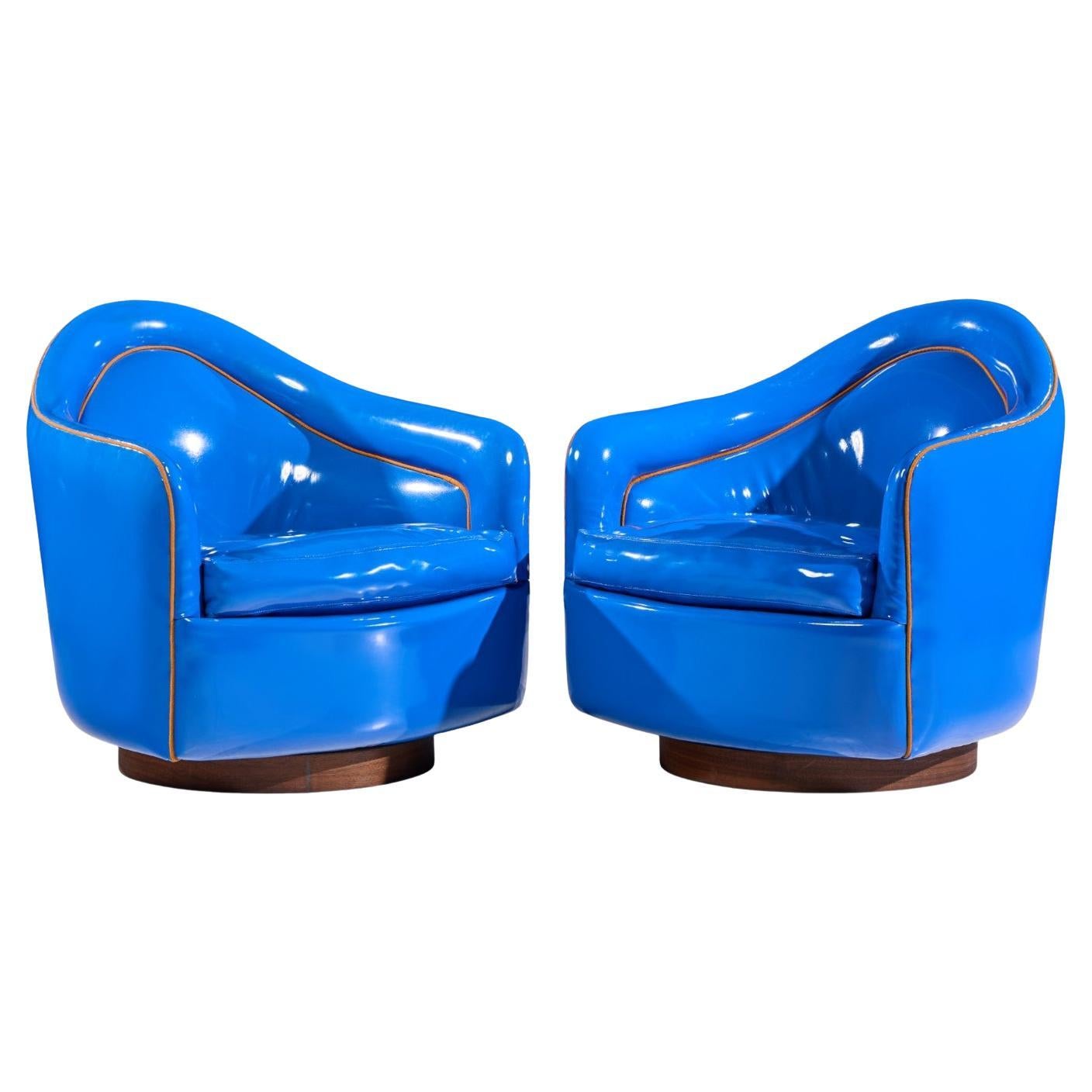 Milo Baughman for Thayer Coggin Mid Century Blue Swivel Tilt Lounge Chair - Pair For Sale