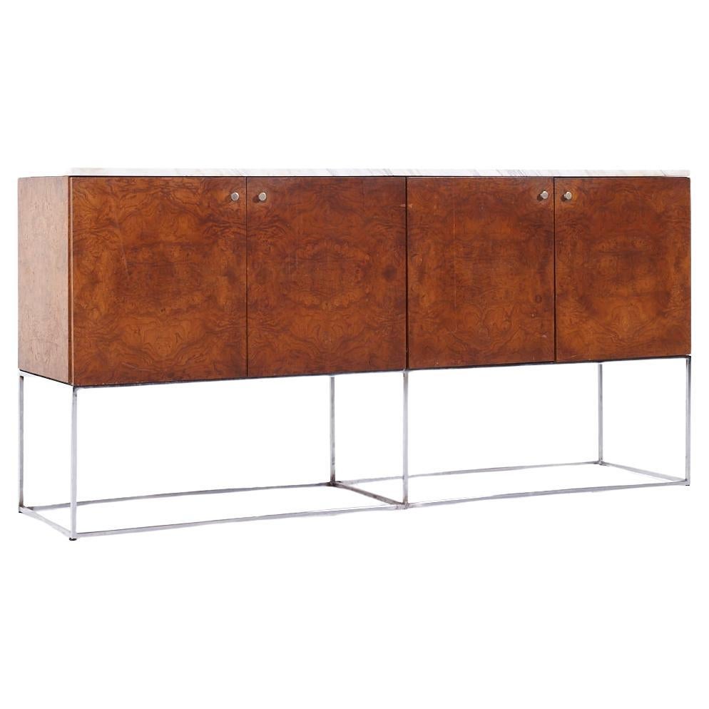 Milo Baughman for Thayer Coggin Mid Century Burlwood, Chrome and Marble Credenza For Sale