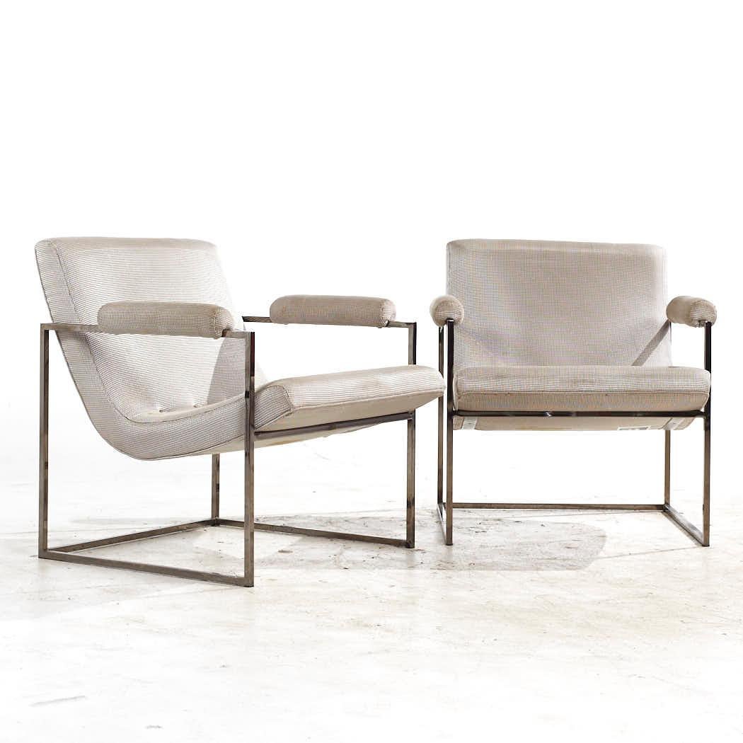 Milo Baughman for Thayer Coggin Mid Century Chrome Scoop Lounge Chairs - Pair

Each chair measures: 27.25 wide x 28 deep x 28.75 high, with a seat height of 13 and arm height/chair clearance 23.25 inches

All pieces of furniture can be had in what