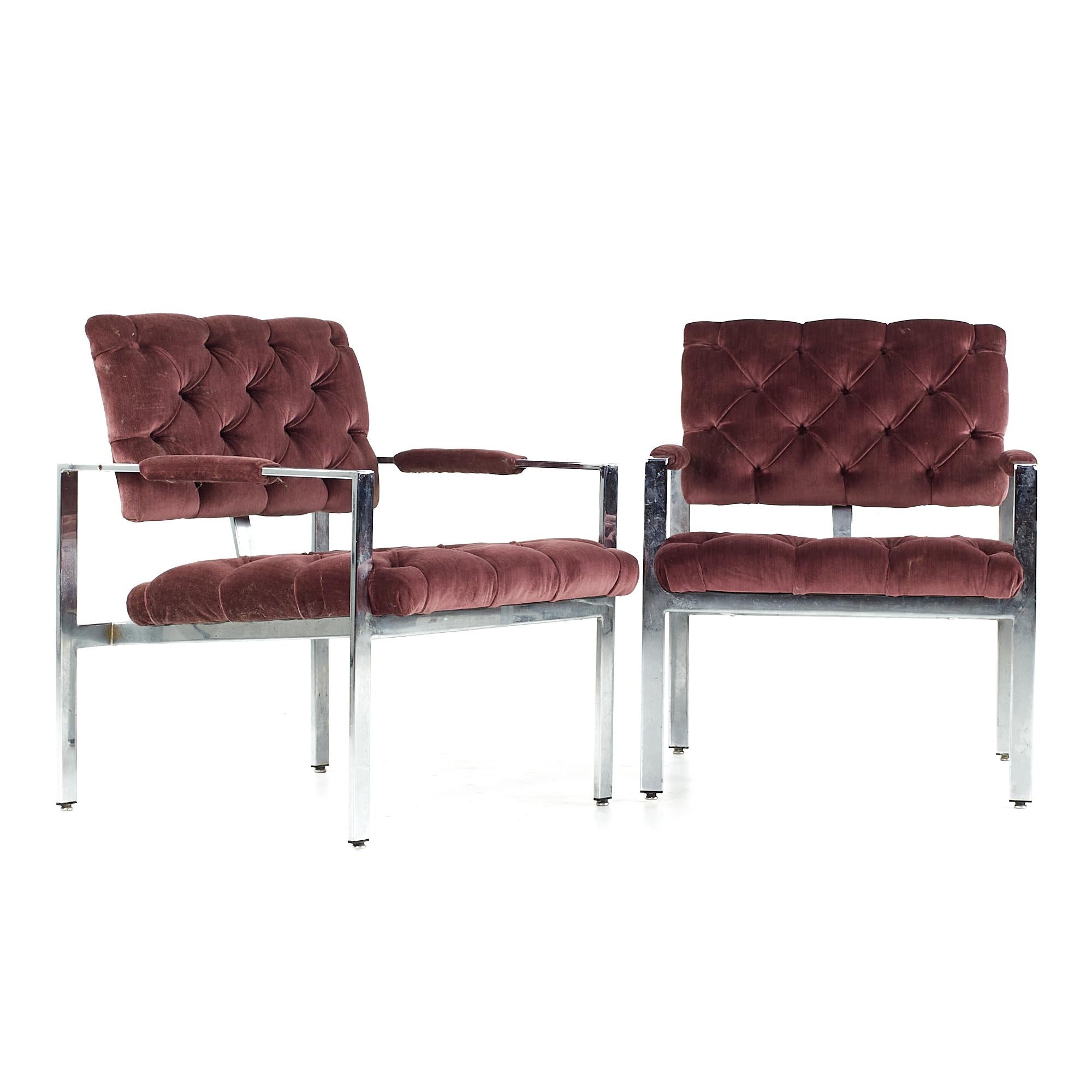 Milo Baughman for Thayer Coggin midcentury Chrome Tufted Arm Chairs – Pair

Each chair measures: 25.75 wide x 28.5 deep x 31.5 inches high, with a seat height of 17 and arm height/chair clearance of 22.5 inches

All pieces of furniture can be