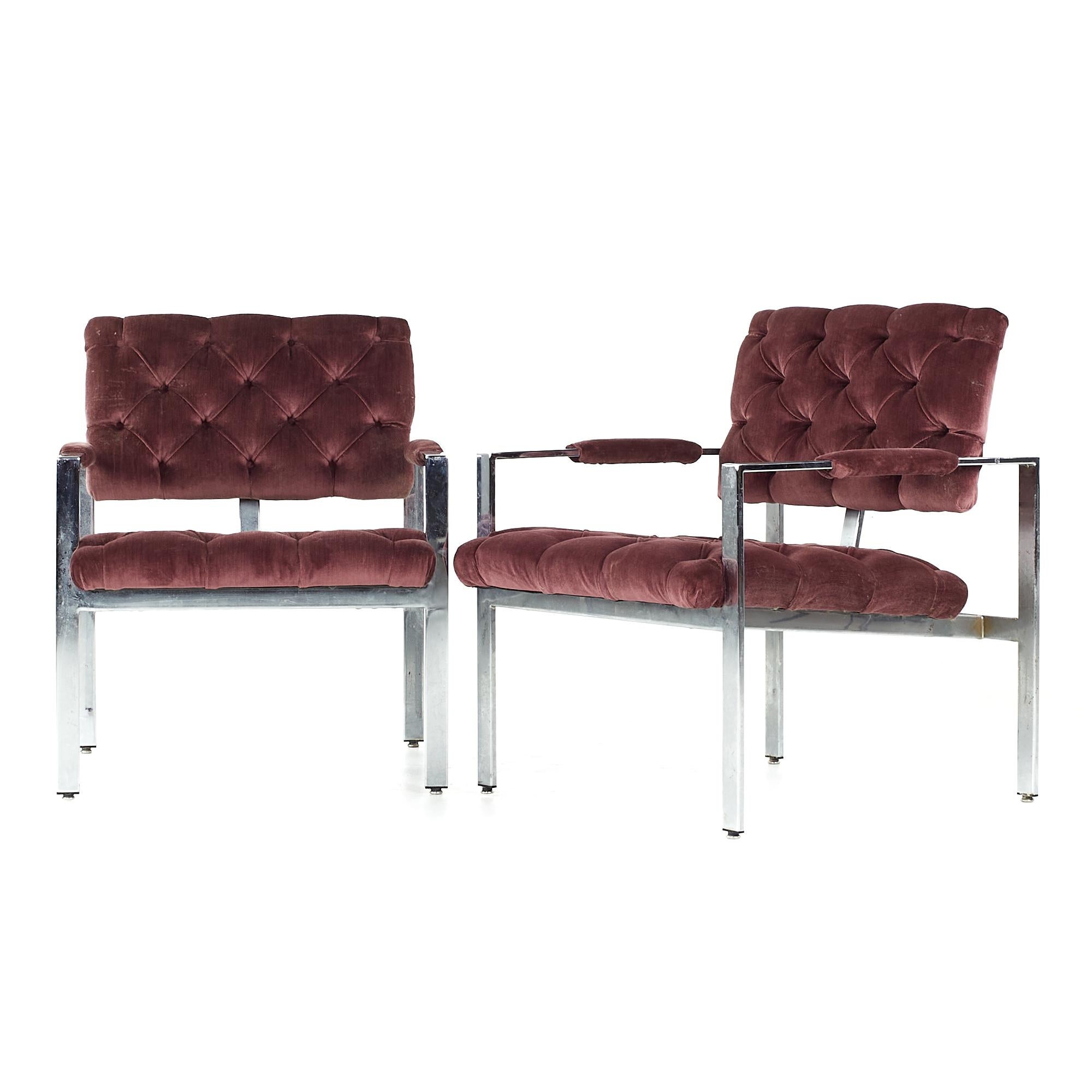 Mid-Century Modern Milo Baughman for Thayer Coggin Midcentury Chrome Tufted Arm Chairs, Pair For Sale