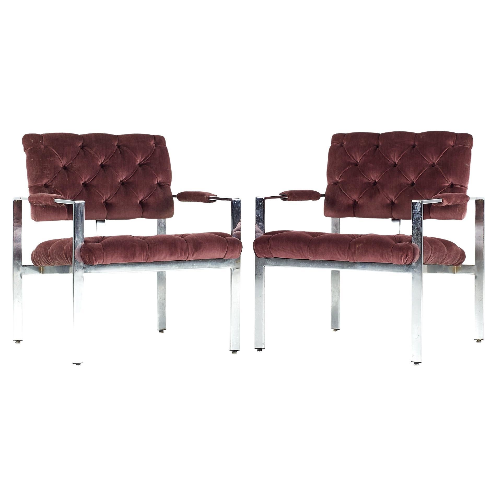 Milo Baughman for Thayer Coggin Midcentury Chrome Tufted Arm Chairs, Pair For Sale