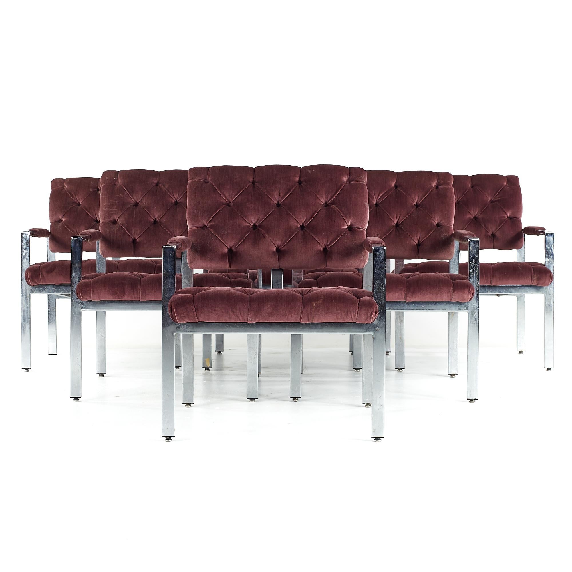 Milo Baughman for Thayer Coggin midcentury Chrome Tufted Arm Chairs – Set of 6

Each chair measures: 25.75 wide x 28.5 deep x 31.5 inches high, with a seat height of 17 and arm height/chair clearance of 22.5 inches

All pieces of furniture can