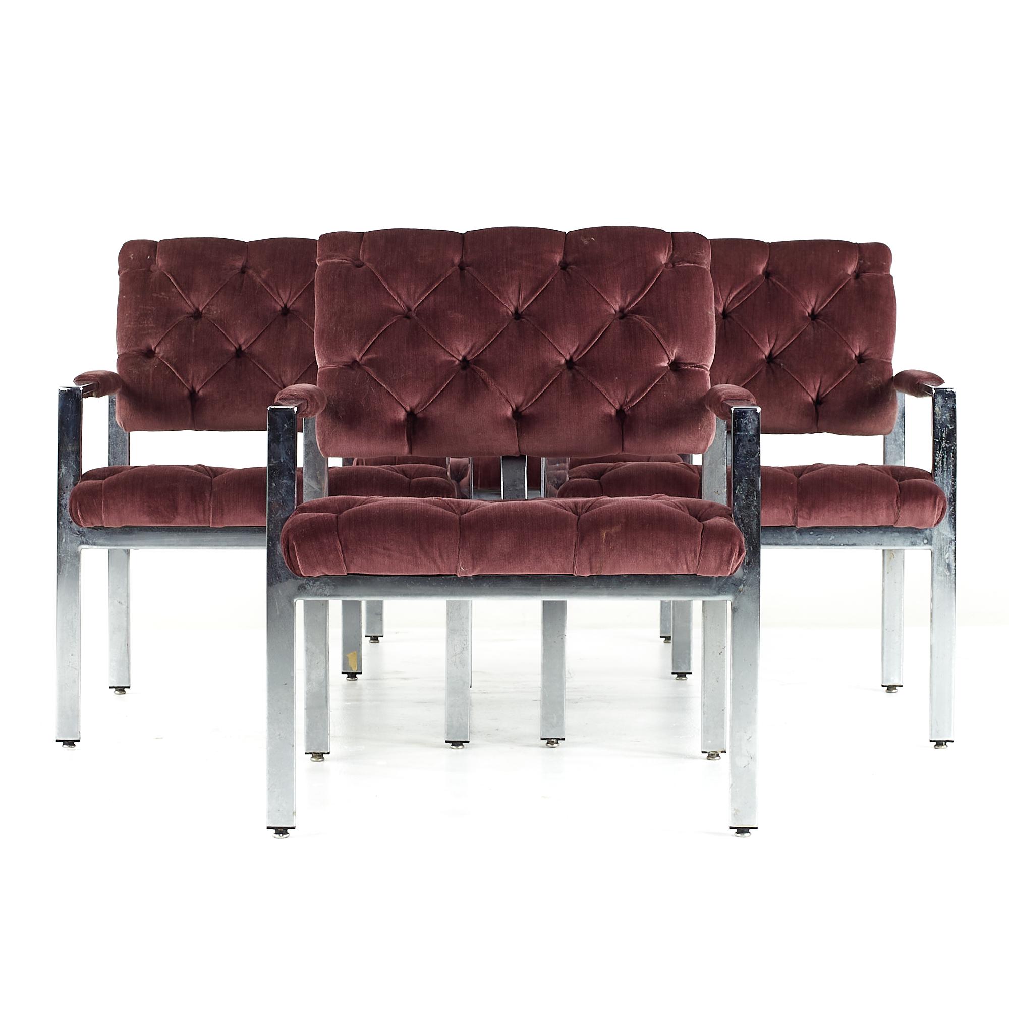 American Milo Baughman for Thayer Coggin Midcentury Chrome Tufted Arm Chairs, Set of 6 For Sale