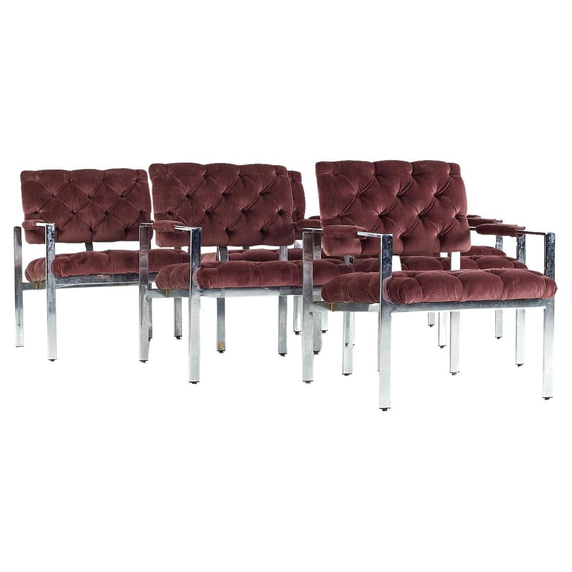 Milo Baughman for Thayer Coggin Midcentury Chrome Tufted Arm Chairs, Set of 6 For Sale