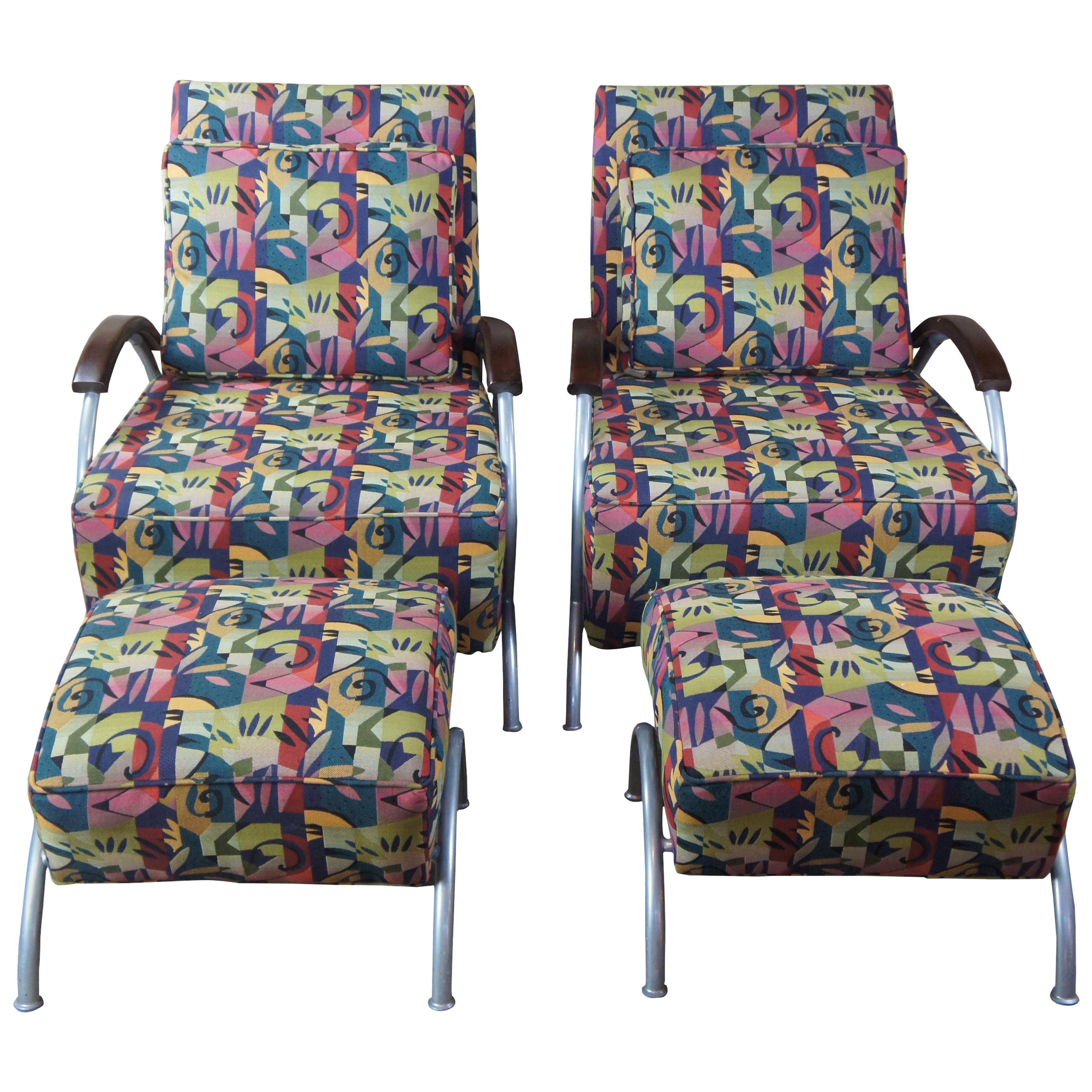 Pair of Milo Baughman for Thayer Coggin retro club or lounge chairs with ottomans. Features a sculptural frame with wooden arm rests and multicolored exotic fabric. Includes matching lumbar pillows and throw pillows. Labeled limited edition number