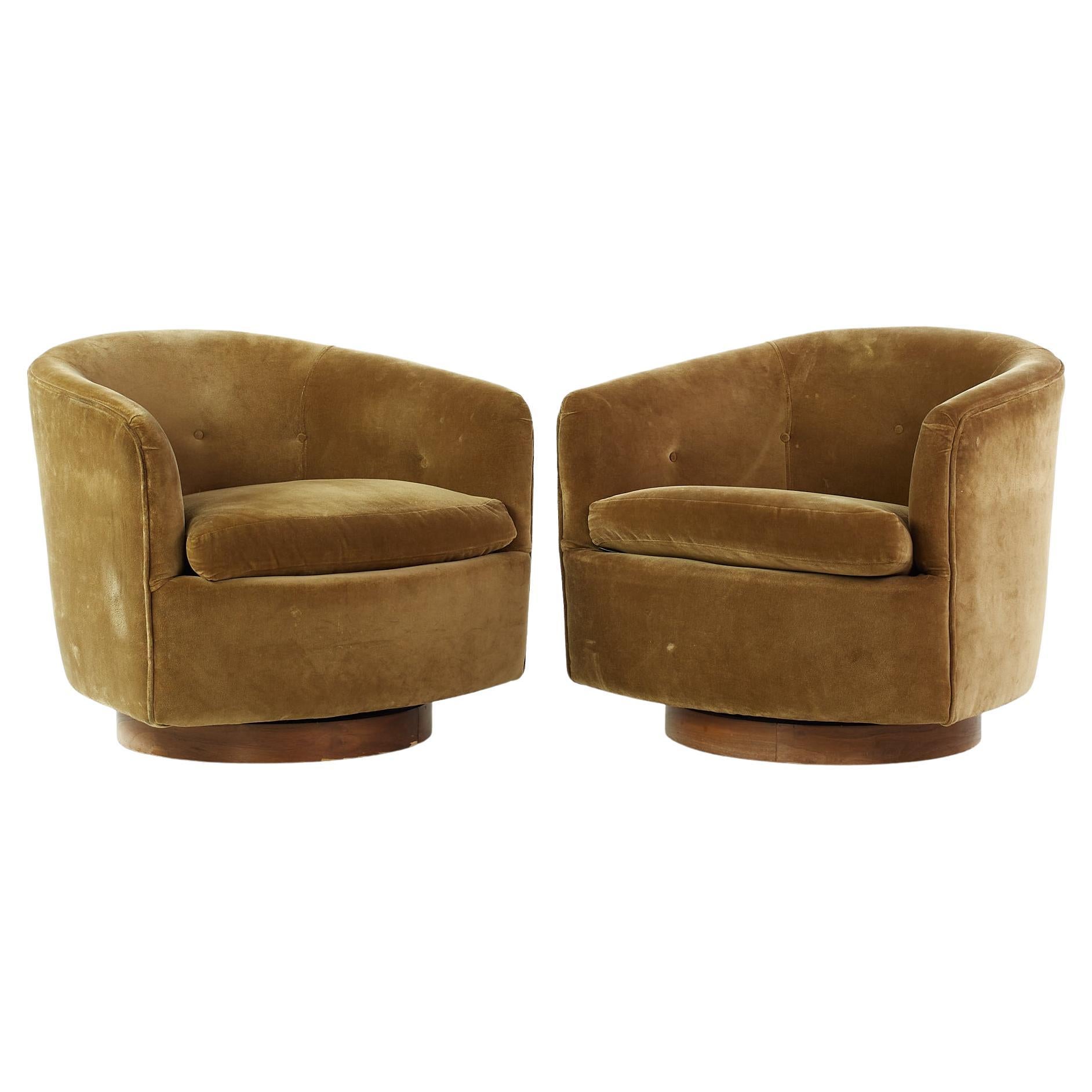 Milo Baughman for Thayer Coggin Mid Century Walnut Swivel Lounge Chairs, Pair