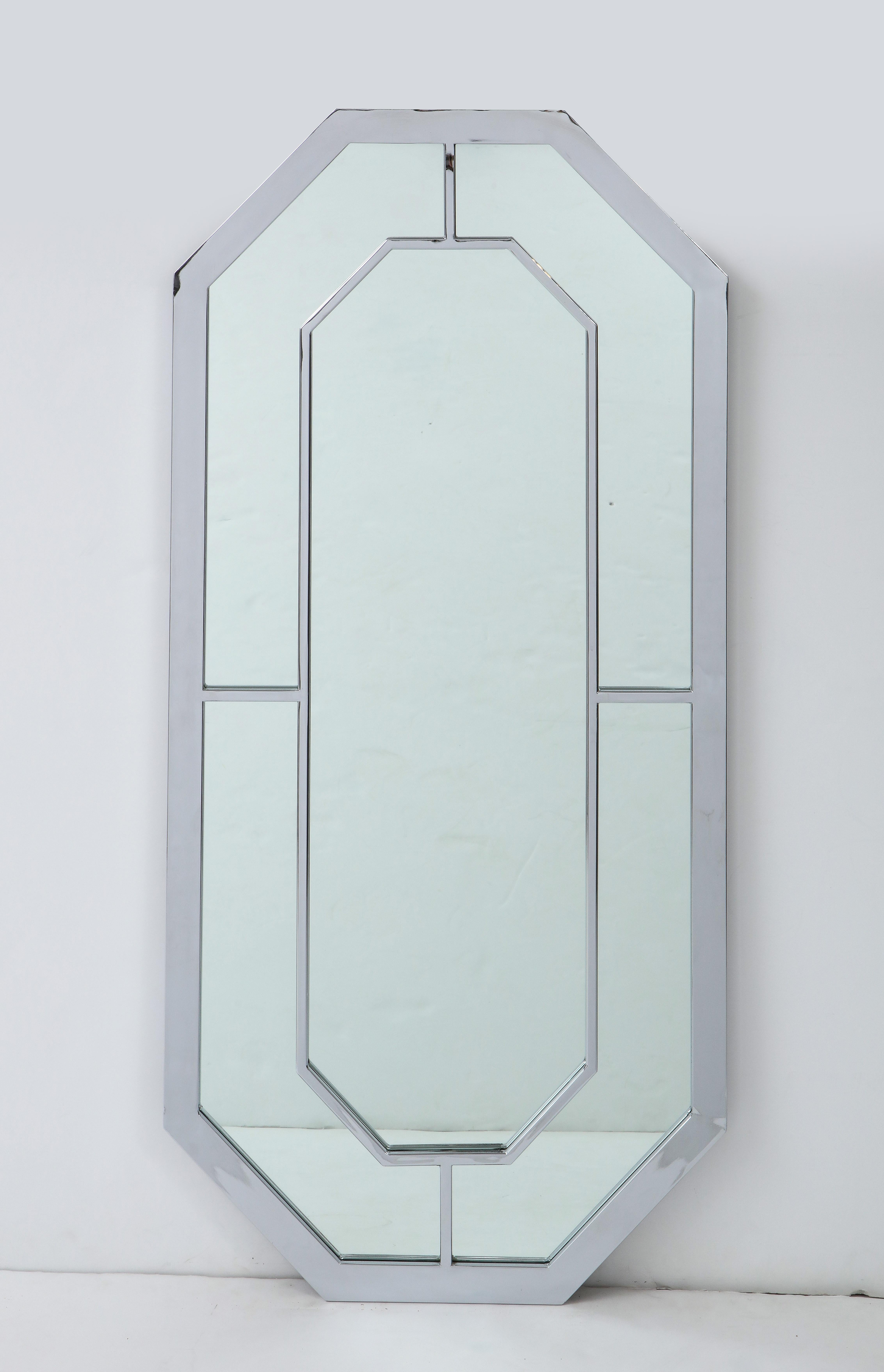 Stunning 1970s octagonal chrome mirror with matching console in the style of Milo Baughman for Thayer Coggin , In vintage original condition with minor wear and patina.