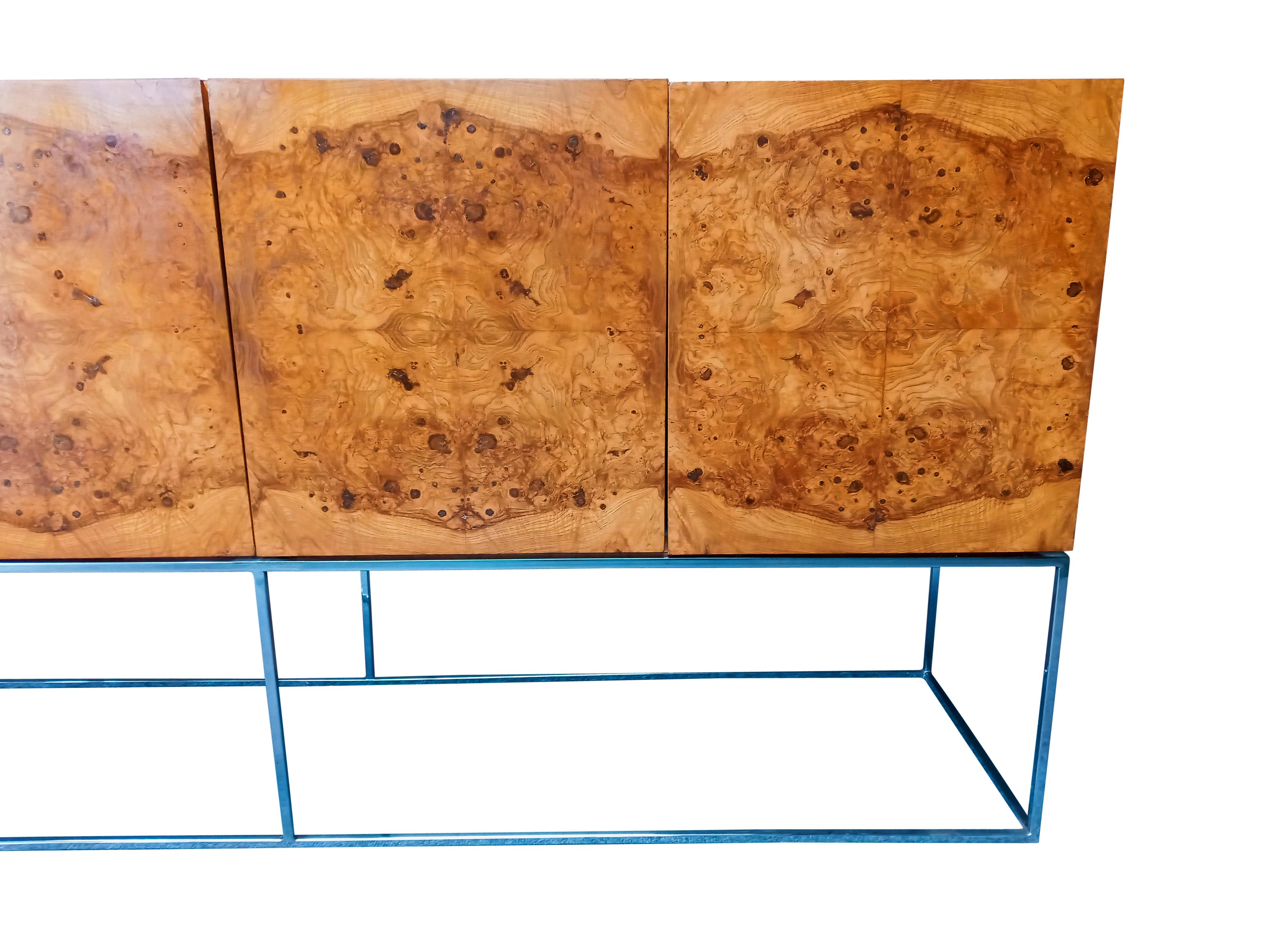 Milo Baughman for Thayer Coggin Olive Burl Cabinet on Chromed Steel Frame In Good Condition In Philadelphia, PA