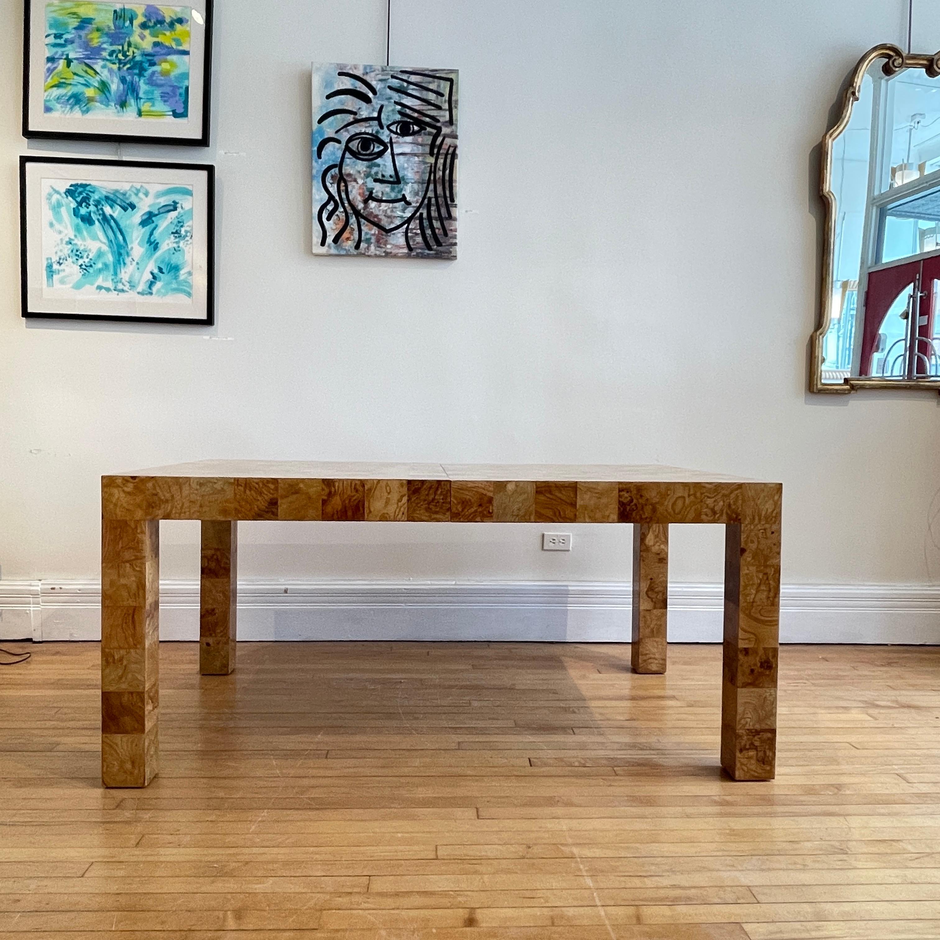 Milo Baughman for Thayer Coggin Olive Burled Patchwork Extension Dining Table In Good Condition In Hudson, NY