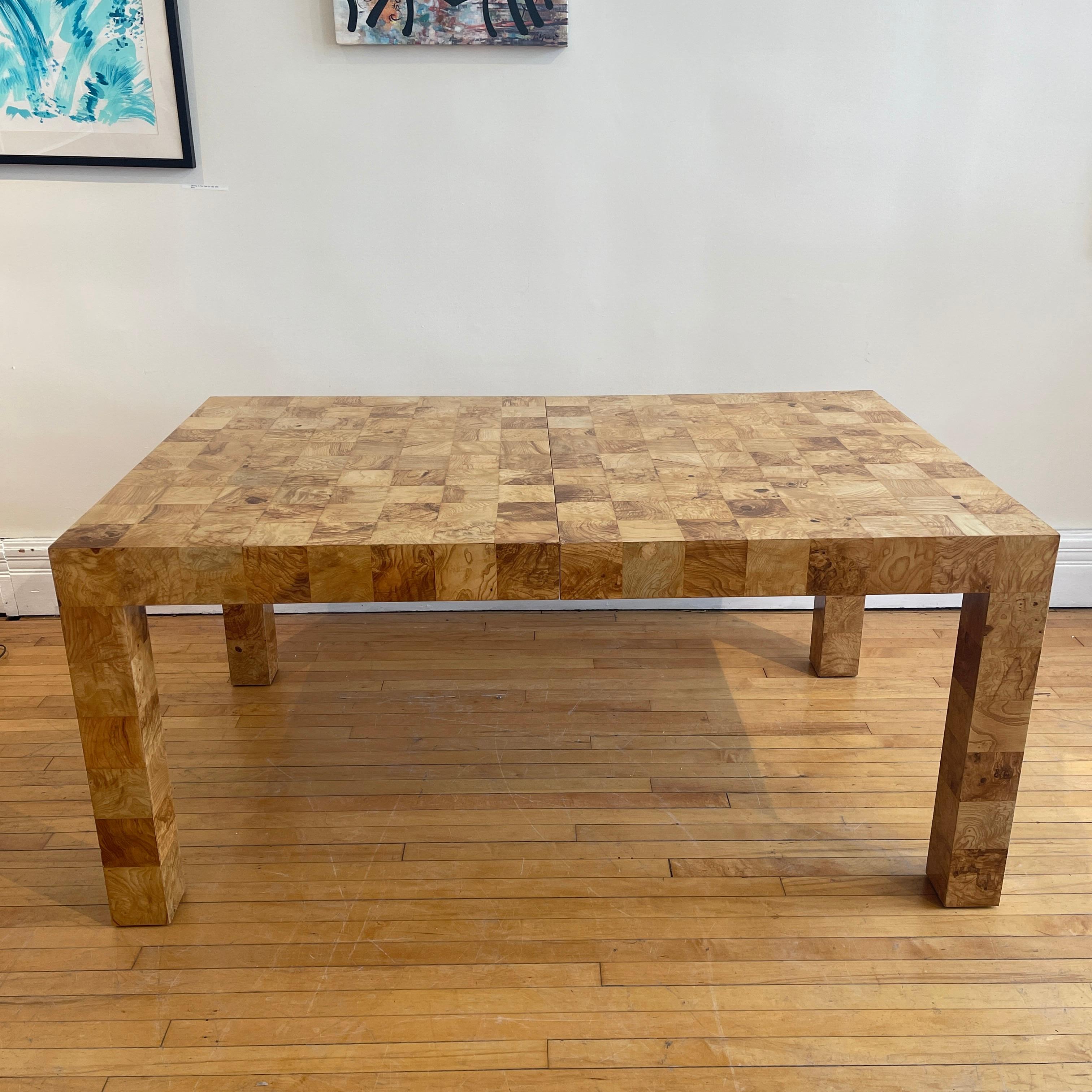 Late 20th Century Milo Baughman for Thayer Coggin Olive Burled Patchwork Extension Dining Table