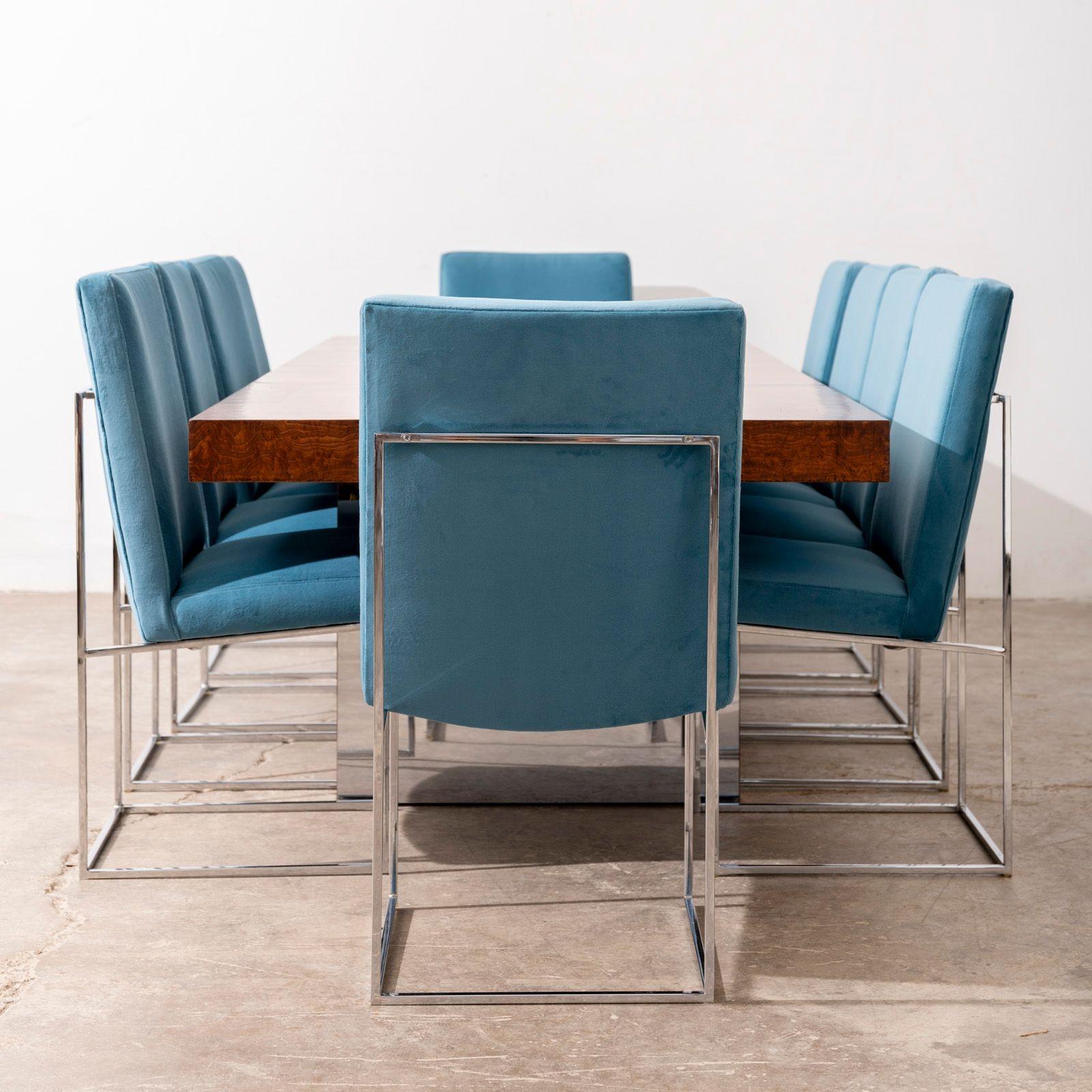 Milo Baughman for Thayer Coggin Olive Burlwood & Chrome Dining Table w/ 2 Leaves For Sale 4