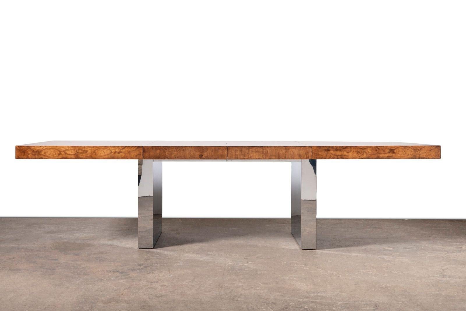Mid-Century Modern Milo Baughman for Thayer Coggin Olive Burlwood & Chrome Dining Table w/ 2 Leaves For Sale