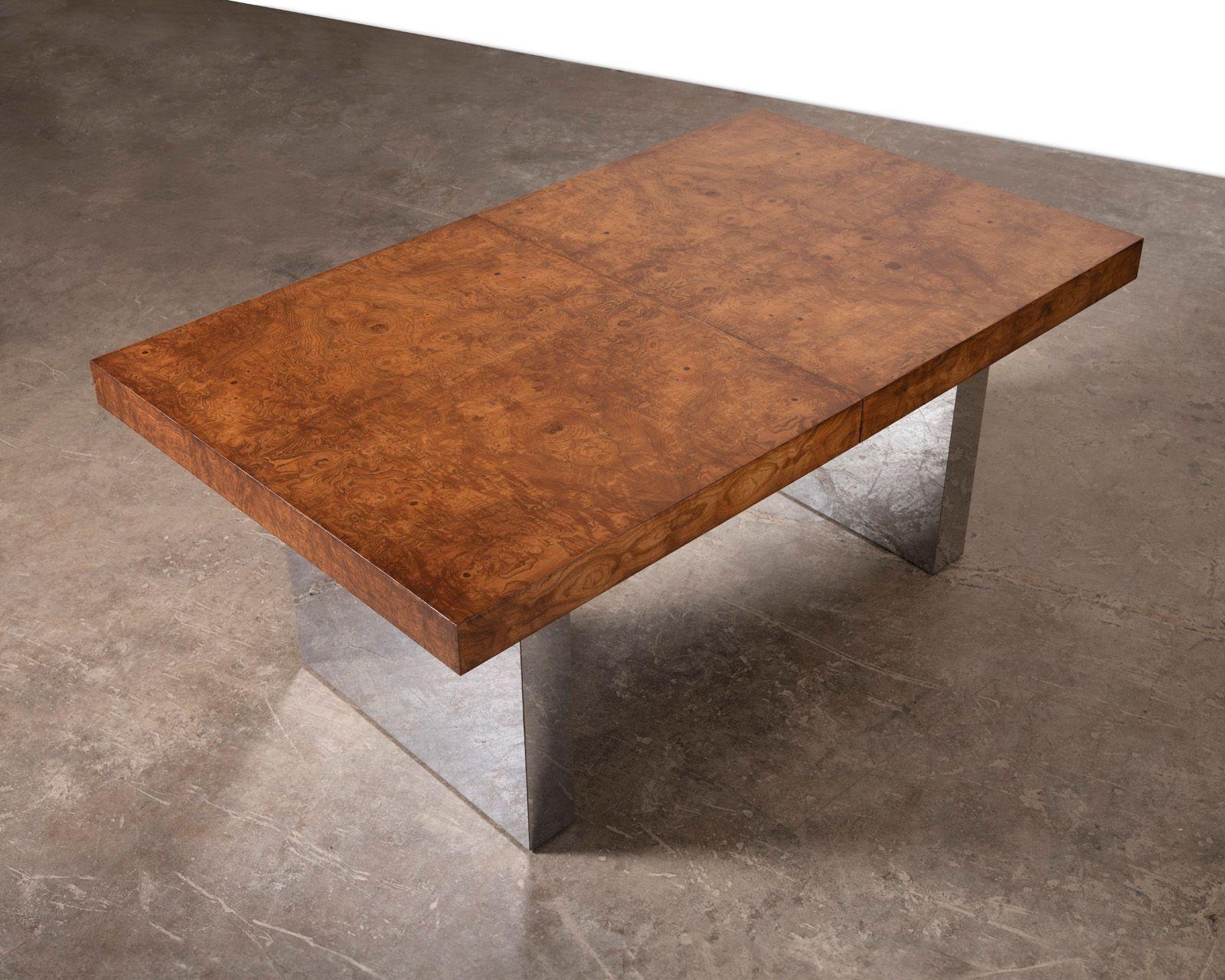 American Milo Baughman for Thayer Coggin Olive Burlwood & Chrome Dining Table w/ 2 Leaves For Sale