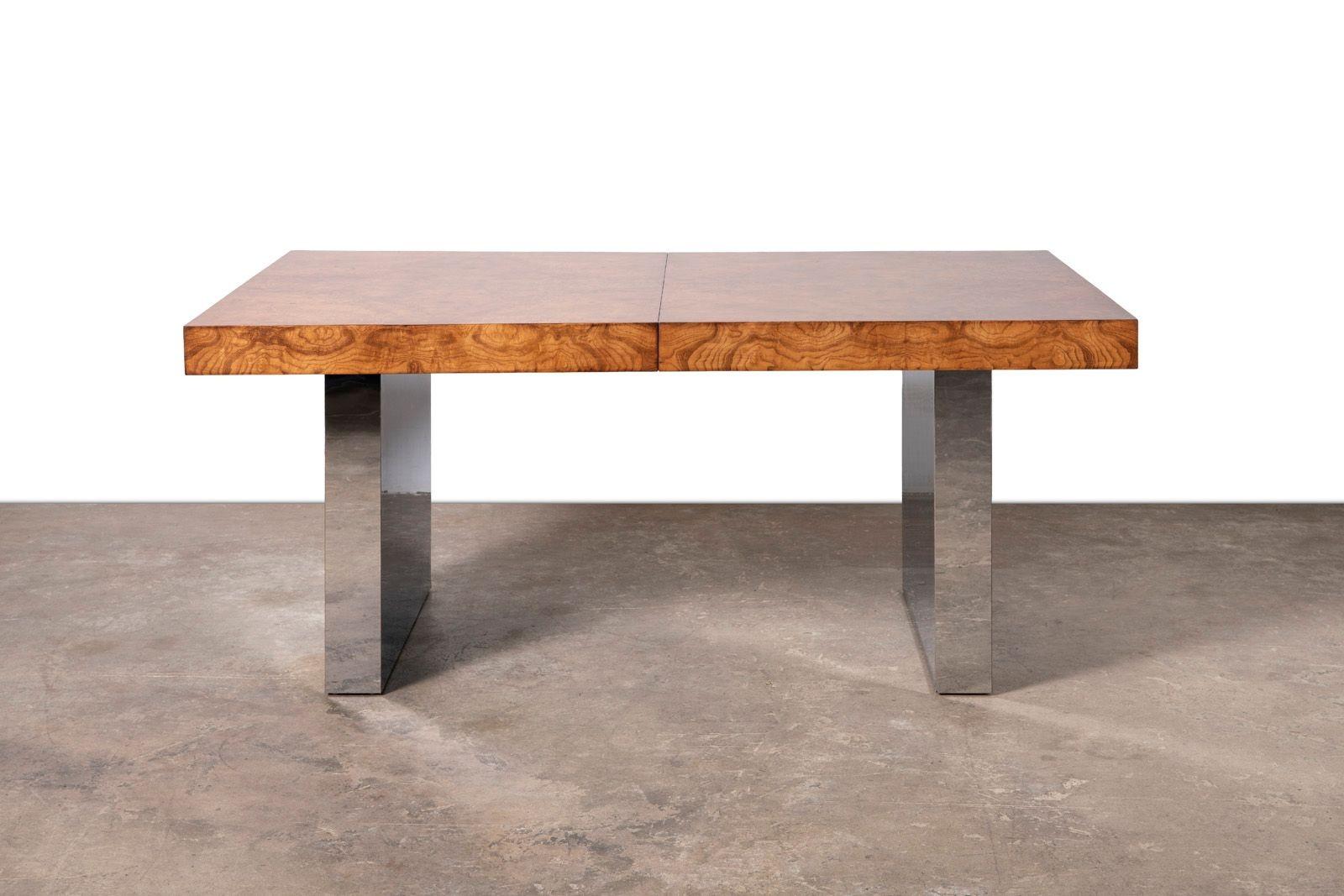 20th Century Milo Baughman for Thayer Coggin Olive Burlwood & Chrome Dining Table w/ 2 Leaves For Sale