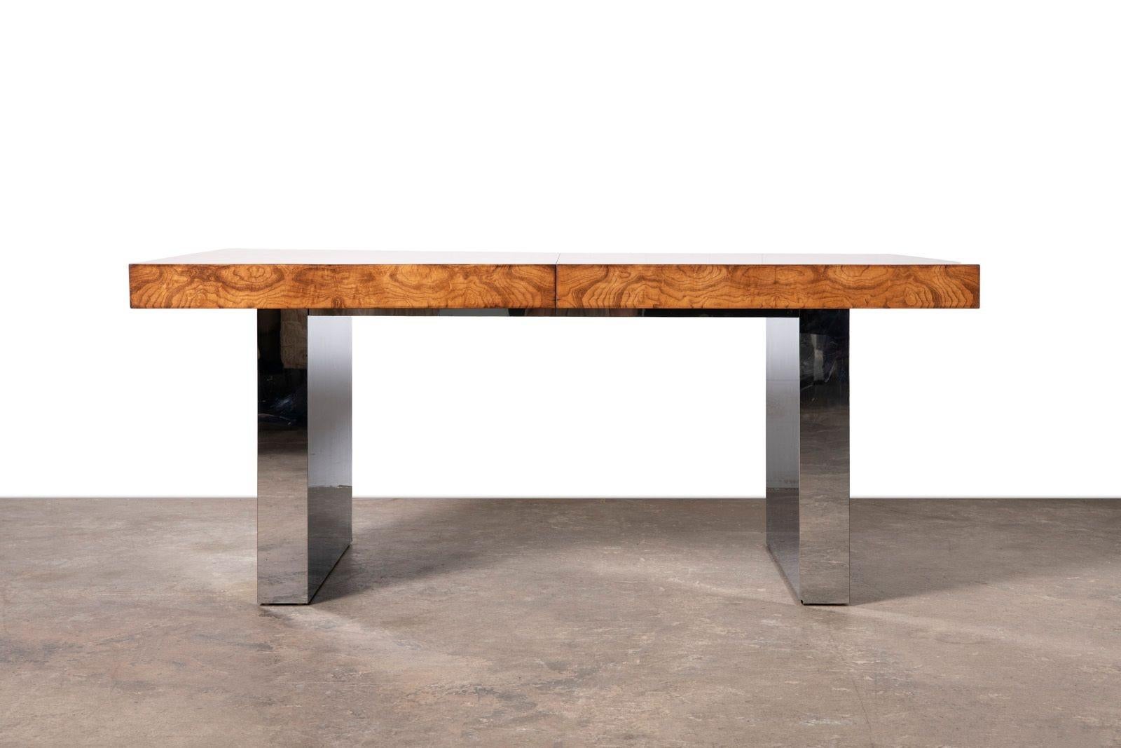 Milo Baughman for Thayer Coggin Olive Burlwood & Chrome Dining Table w/ 2 Leaves For Sale 1