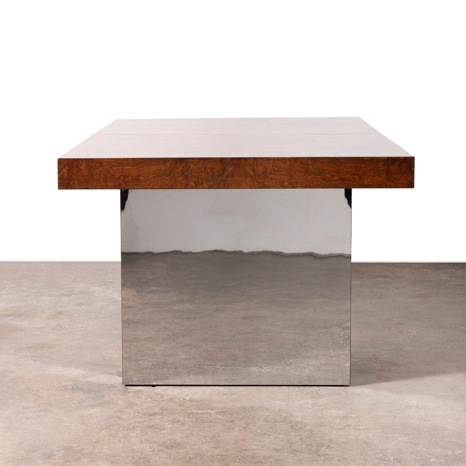 Milo Baughman for Thayer Coggin Olive Burlwood & Chrome Dining Table w/ 2 Leaves For Sale 2
