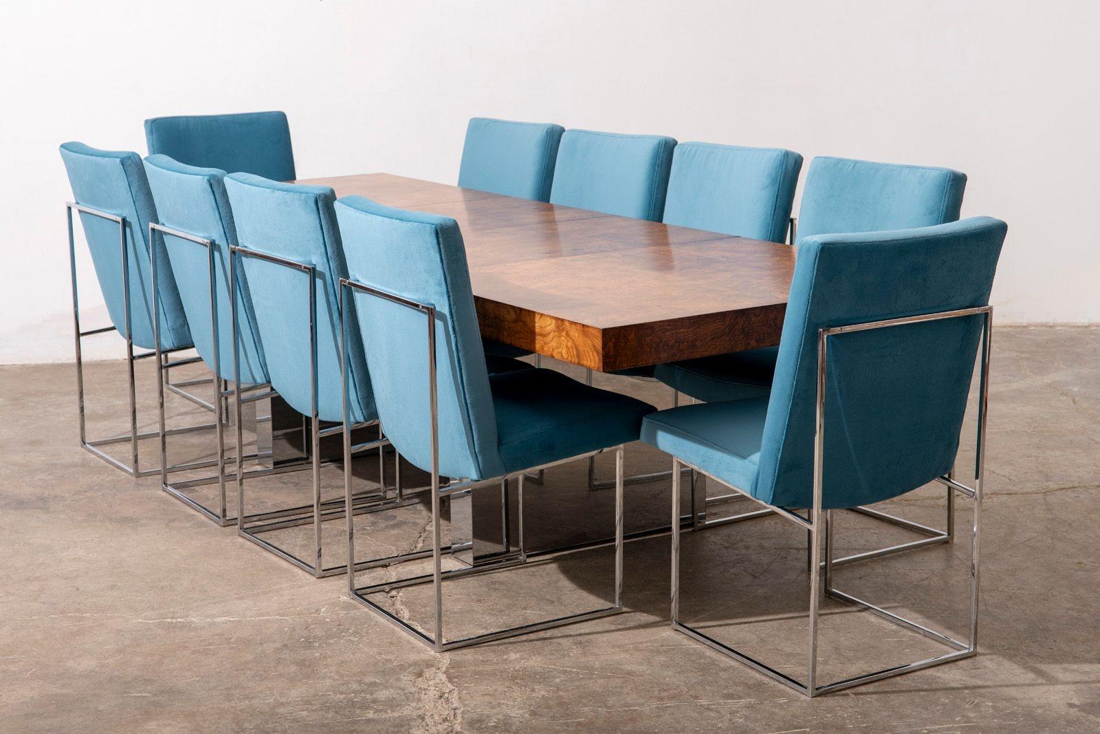 Milo Baughman for Thayer Coggin Olive Burlwood & Chrome Dining Table w/ 2 Leaves For Sale 3