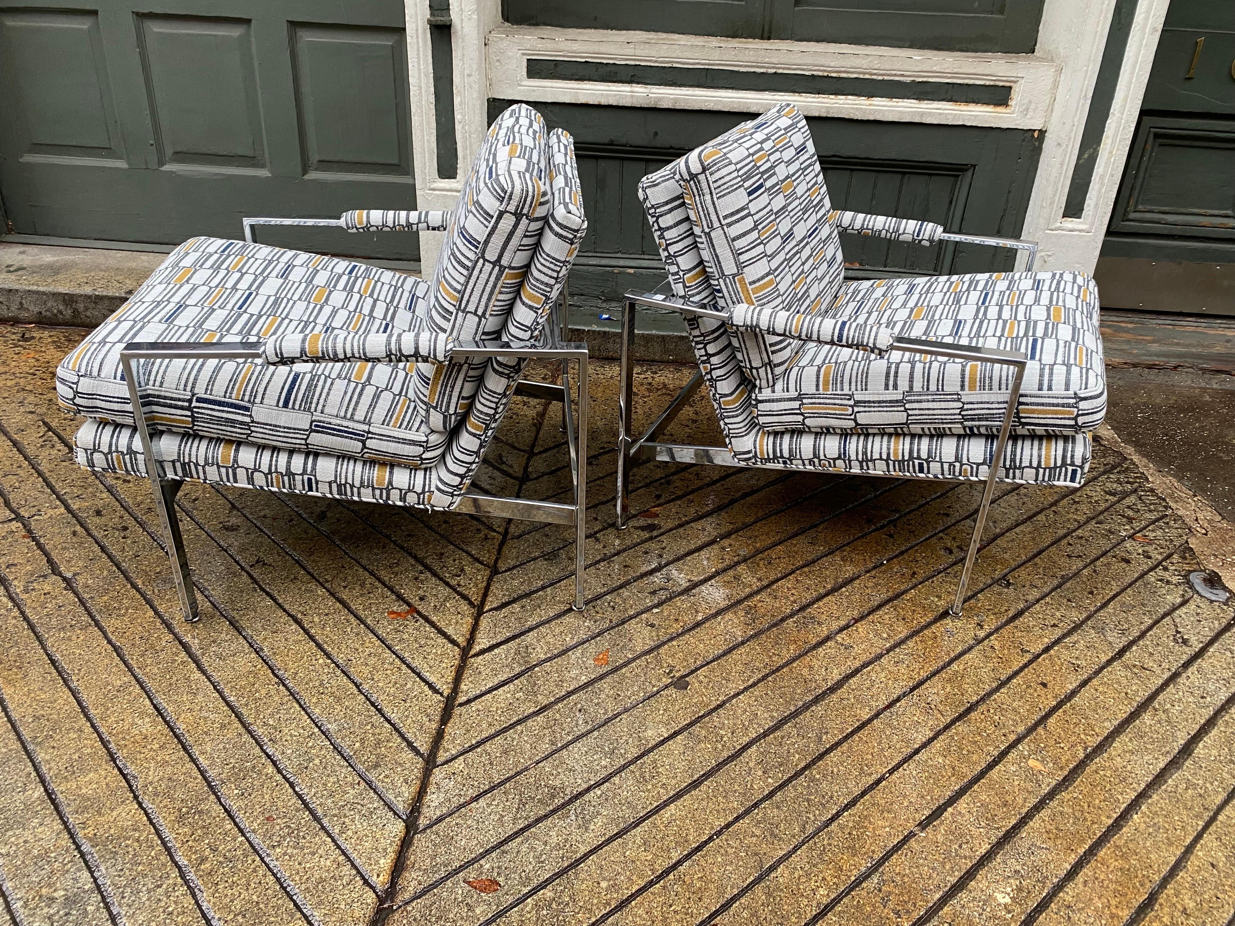 Milo Baughman for Thayer Coggin Chrome Lounge chairs with new Geometric Upholstery! Fabric Cream background with a bold grid design in Charcoal and Gold. Chairs have a great modern look with a splash of Groovy!.
