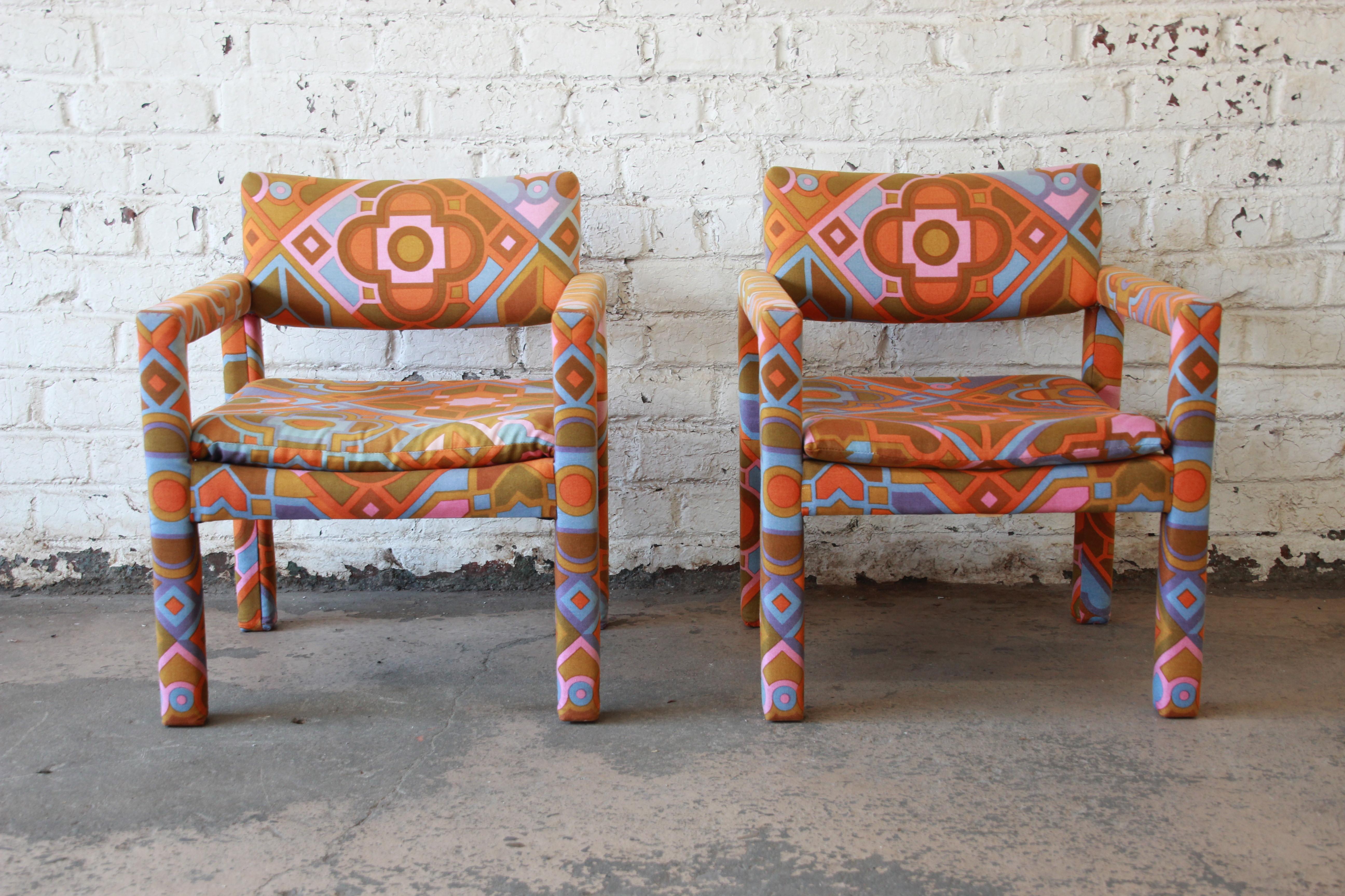 Mid-Century Modern Milo Baughman for Thayer Coggin Parsons Club Chairs in Larsen Fabric